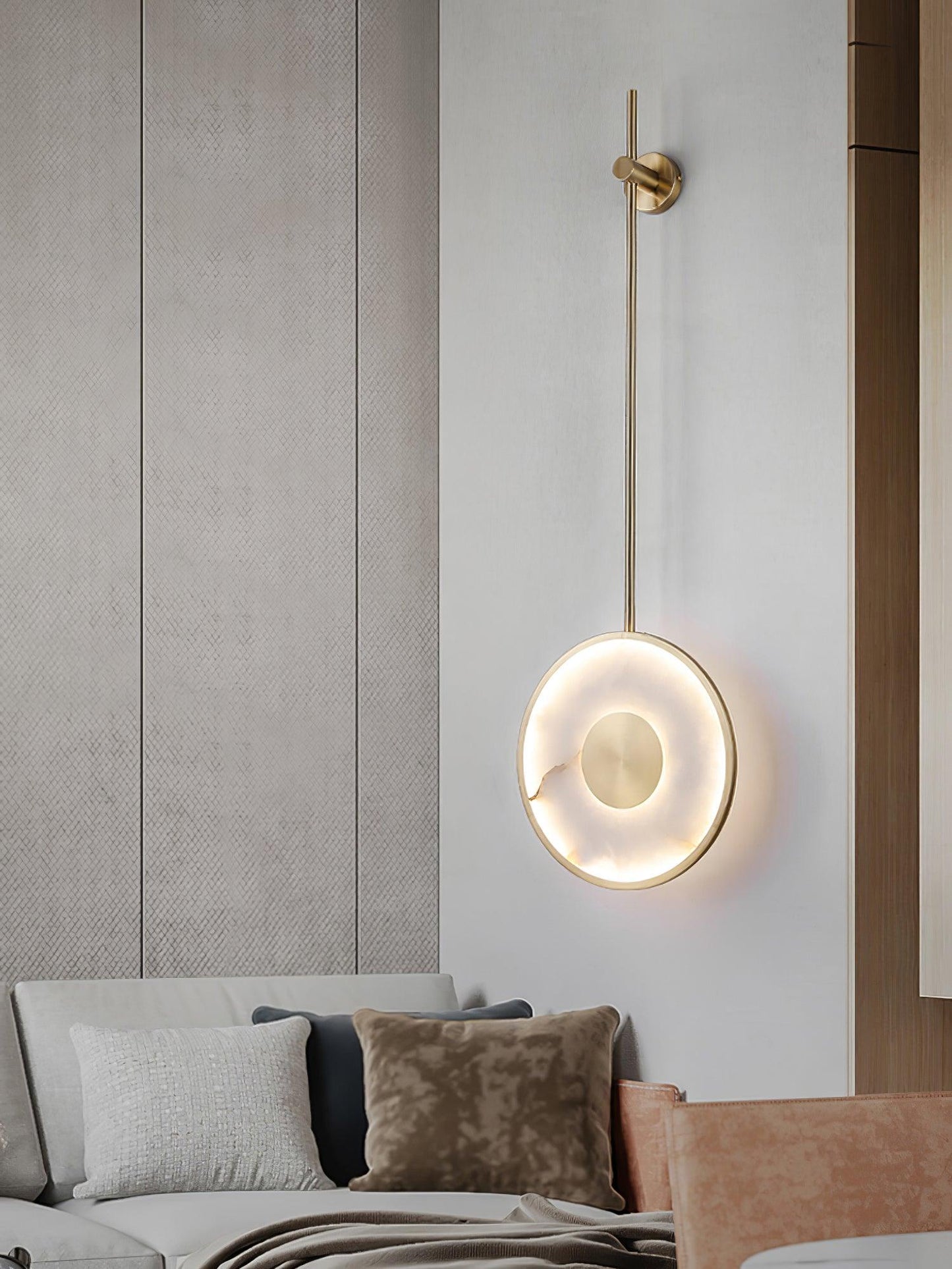 Round Wall Lamp | Hand-Carved Alabaster & Brass | Set of 2