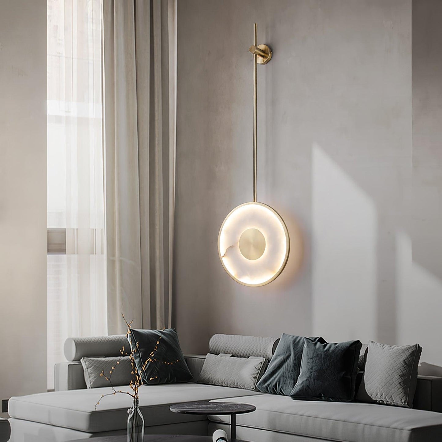 Round Wall Lamp | Hand-Carved Alabaster & Brass | Set of 2