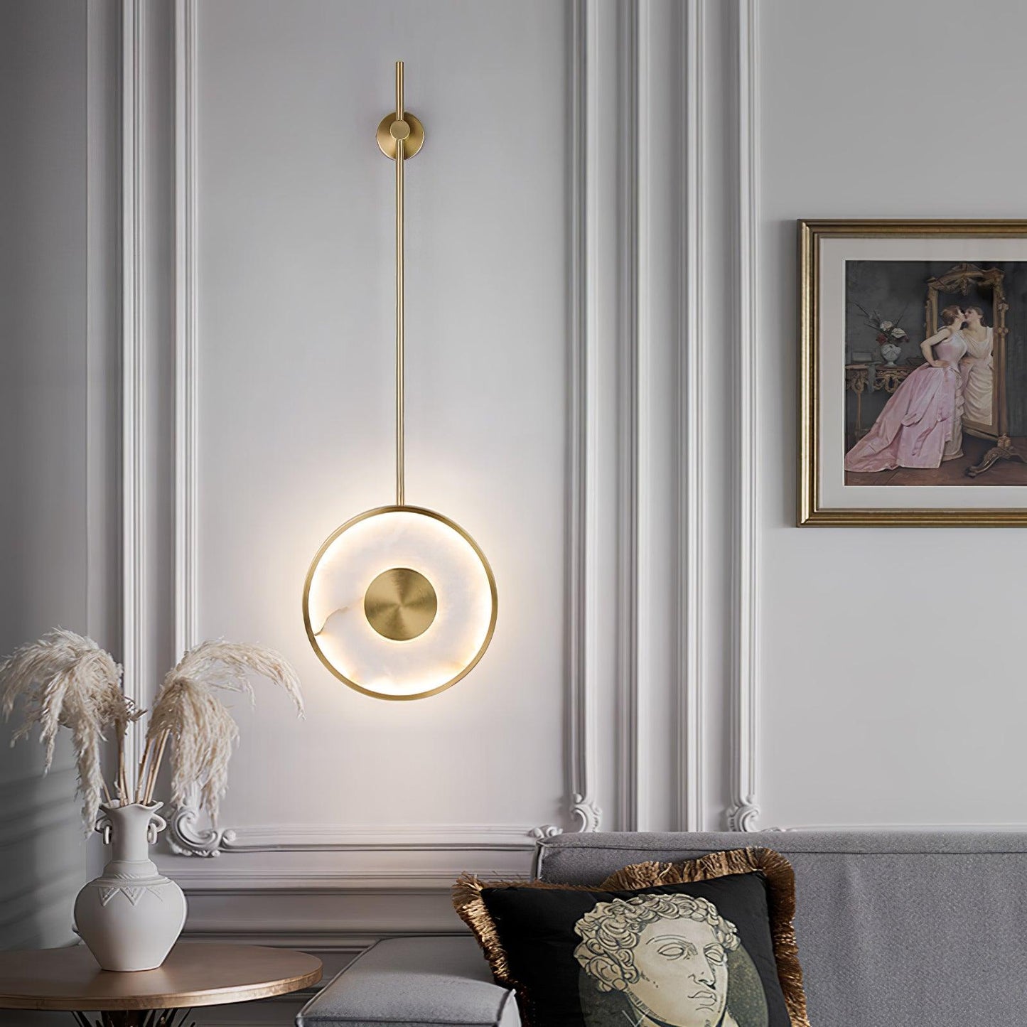 Round Wall Lamp | Hand-Carved Alabaster & Brass | Set of 2