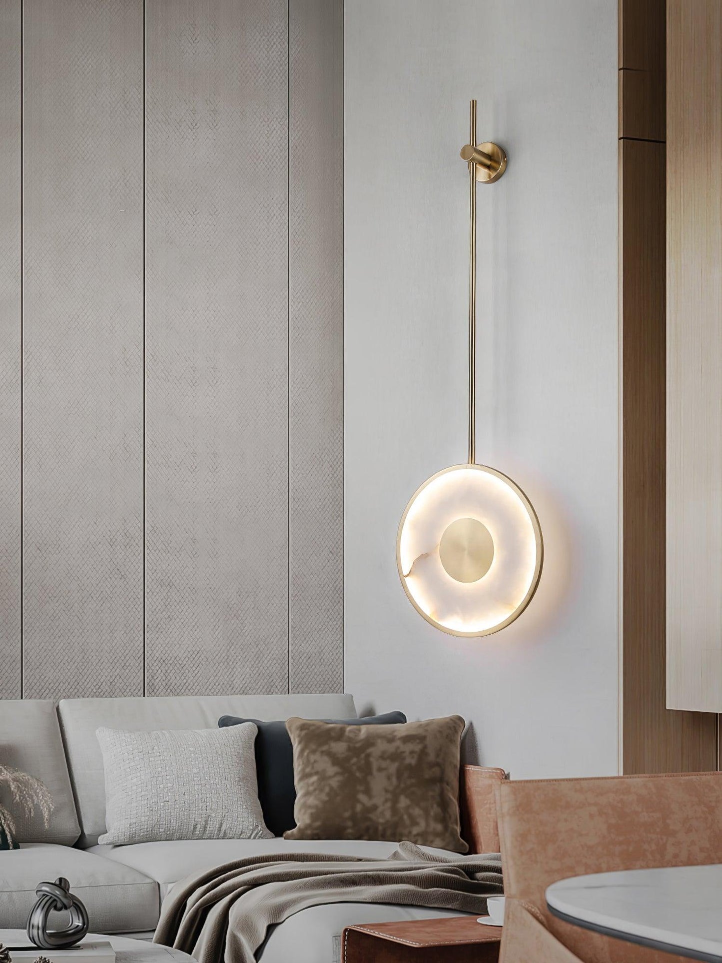 Round Wall Lamp | Hand-Carved Alabaster & Brass | Set of 2