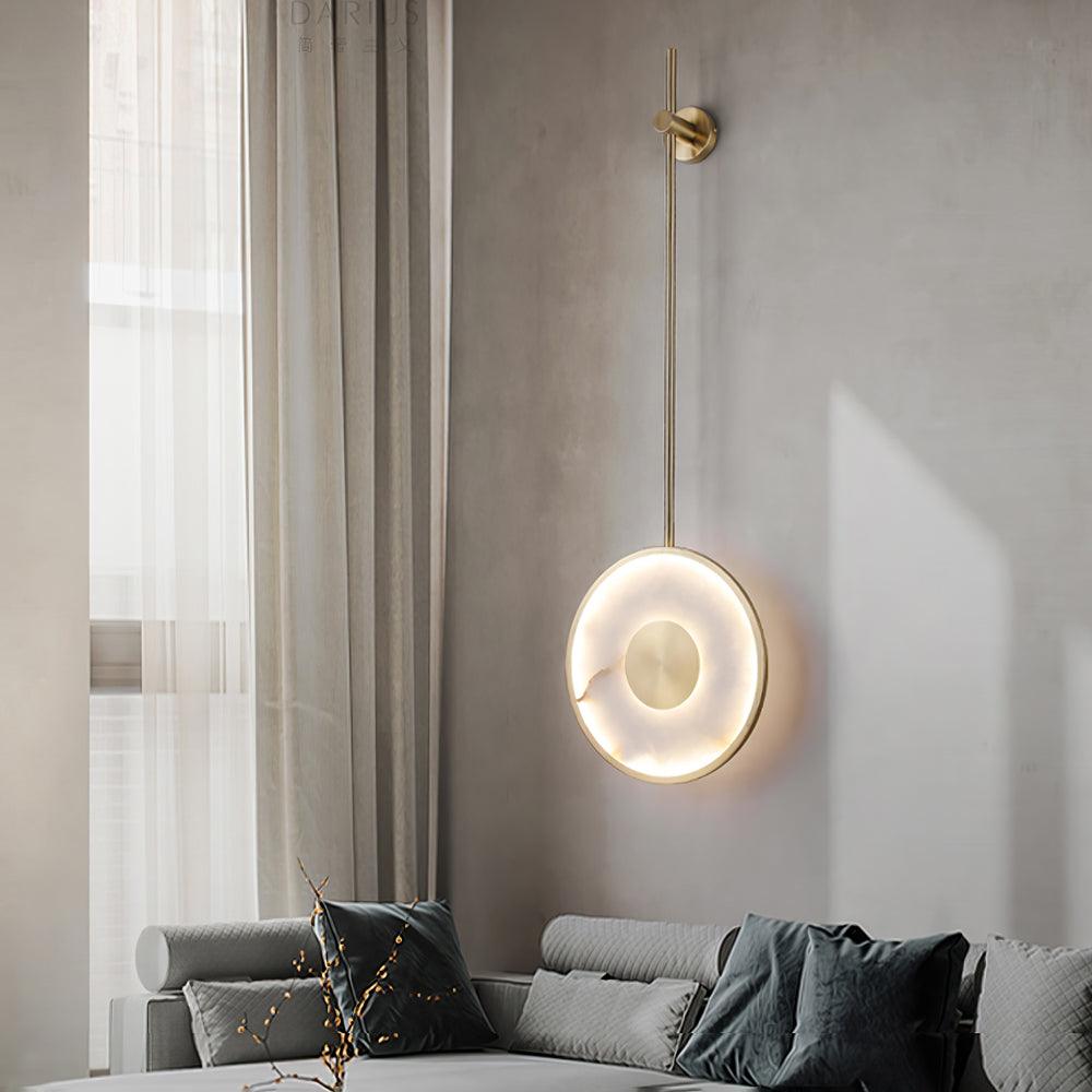 Round Wall Lamp | Hand-Carved Alabaster & Brass | Set of 2