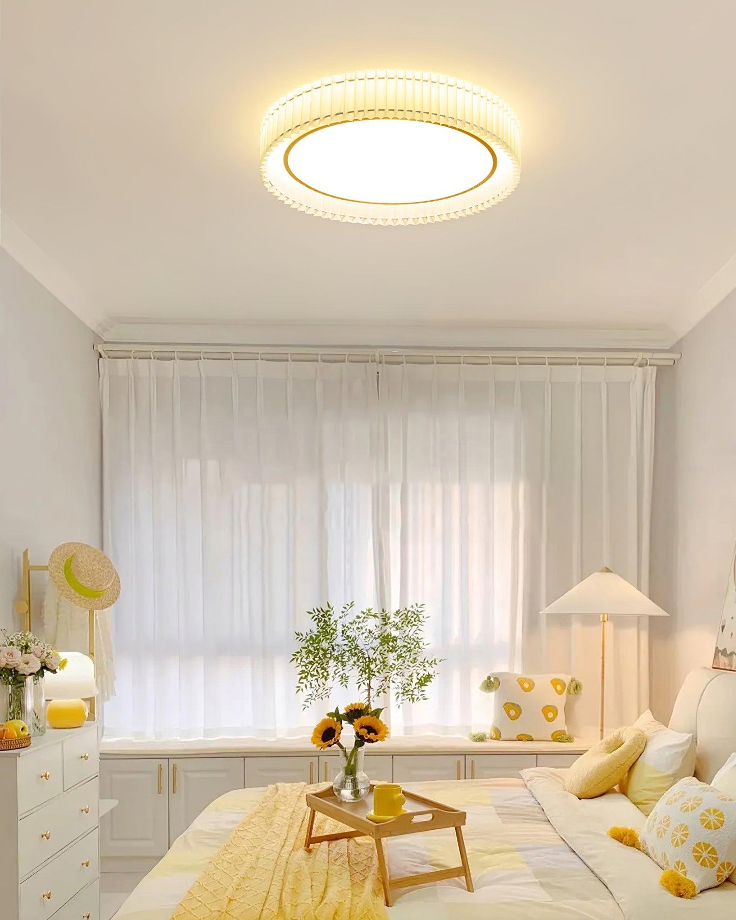 Round Pleated Ceiling Lamp | Fabric & Metal | Beige, Multiple Sizes