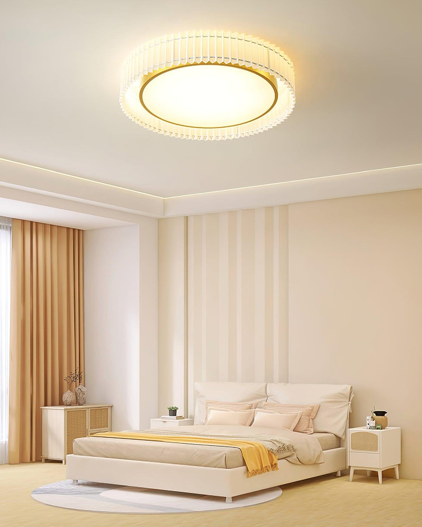 Round Pleated Ceiling Lamp | Fabric & Metal | Beige, Multiple Sizes