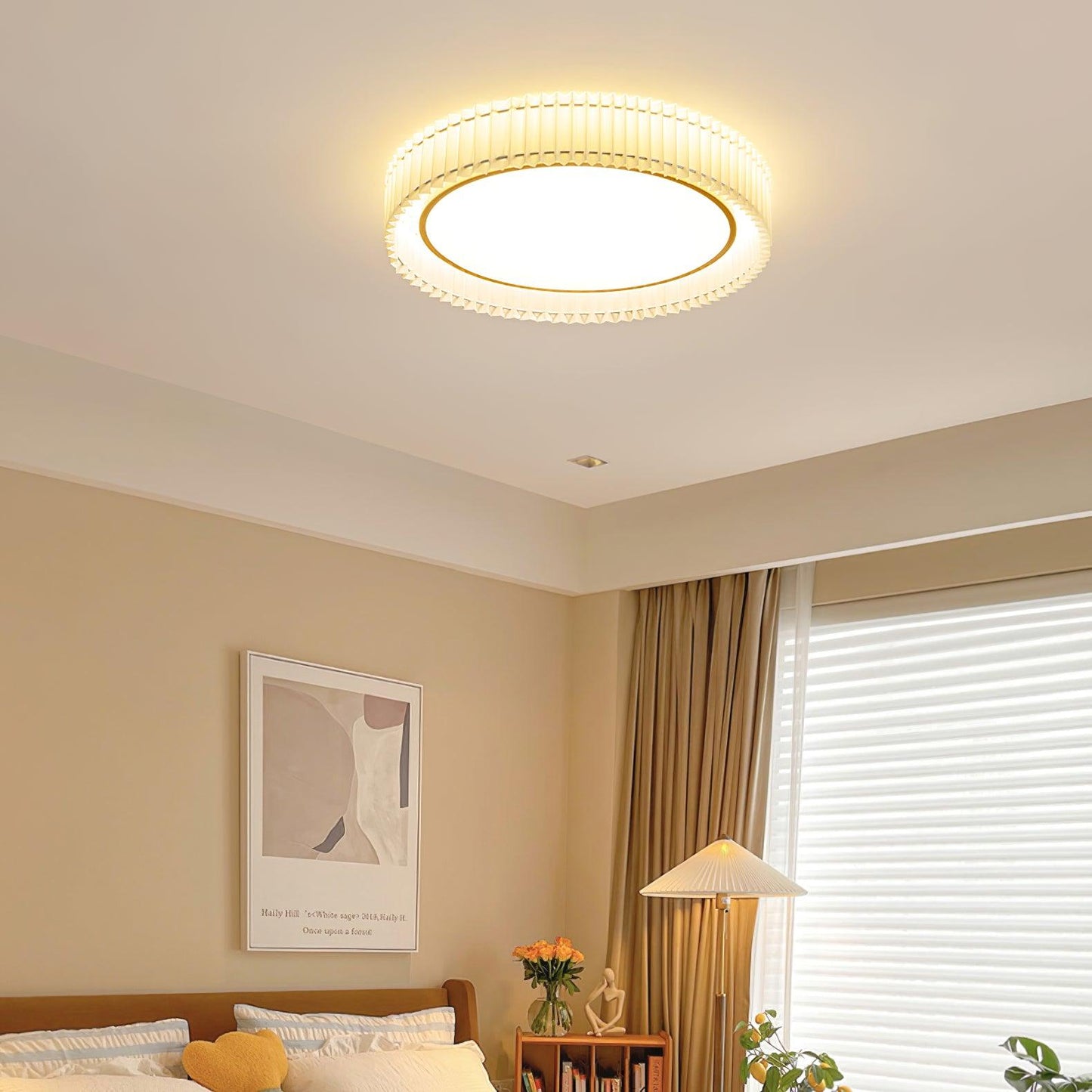 Round Pleated Ceiling Lamp | Fabric & Metal | Beige, Multiple Sizes