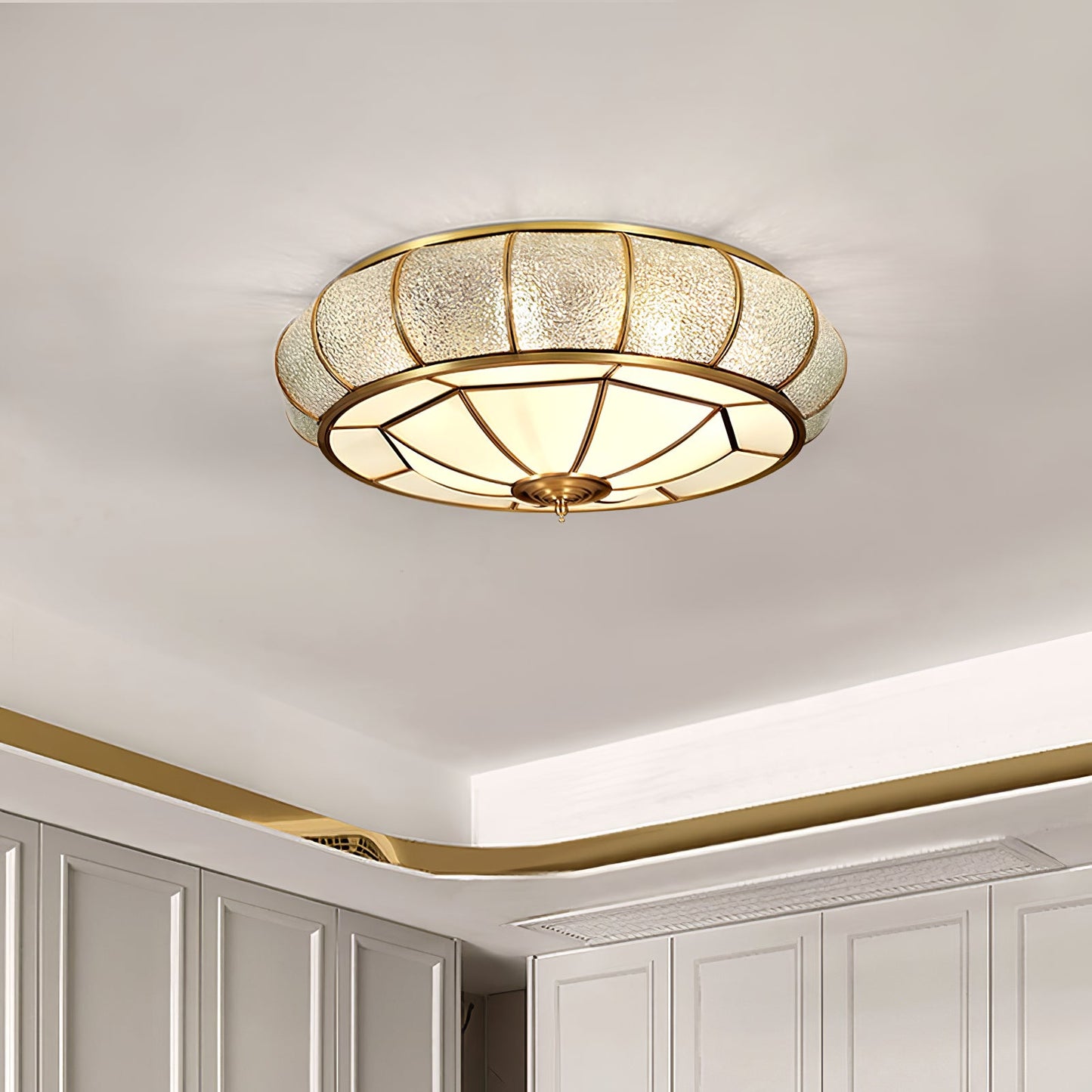 Round Textured Glass Ceiling Light | Brass & White Glass | Multiple Bulb Options