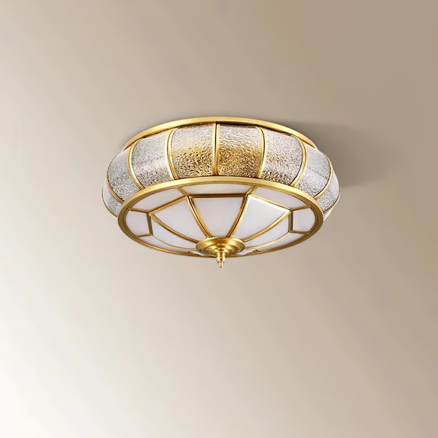 Round Textured Glass Ceiling Light | Brass & White Glass | Multiple Bulb Options