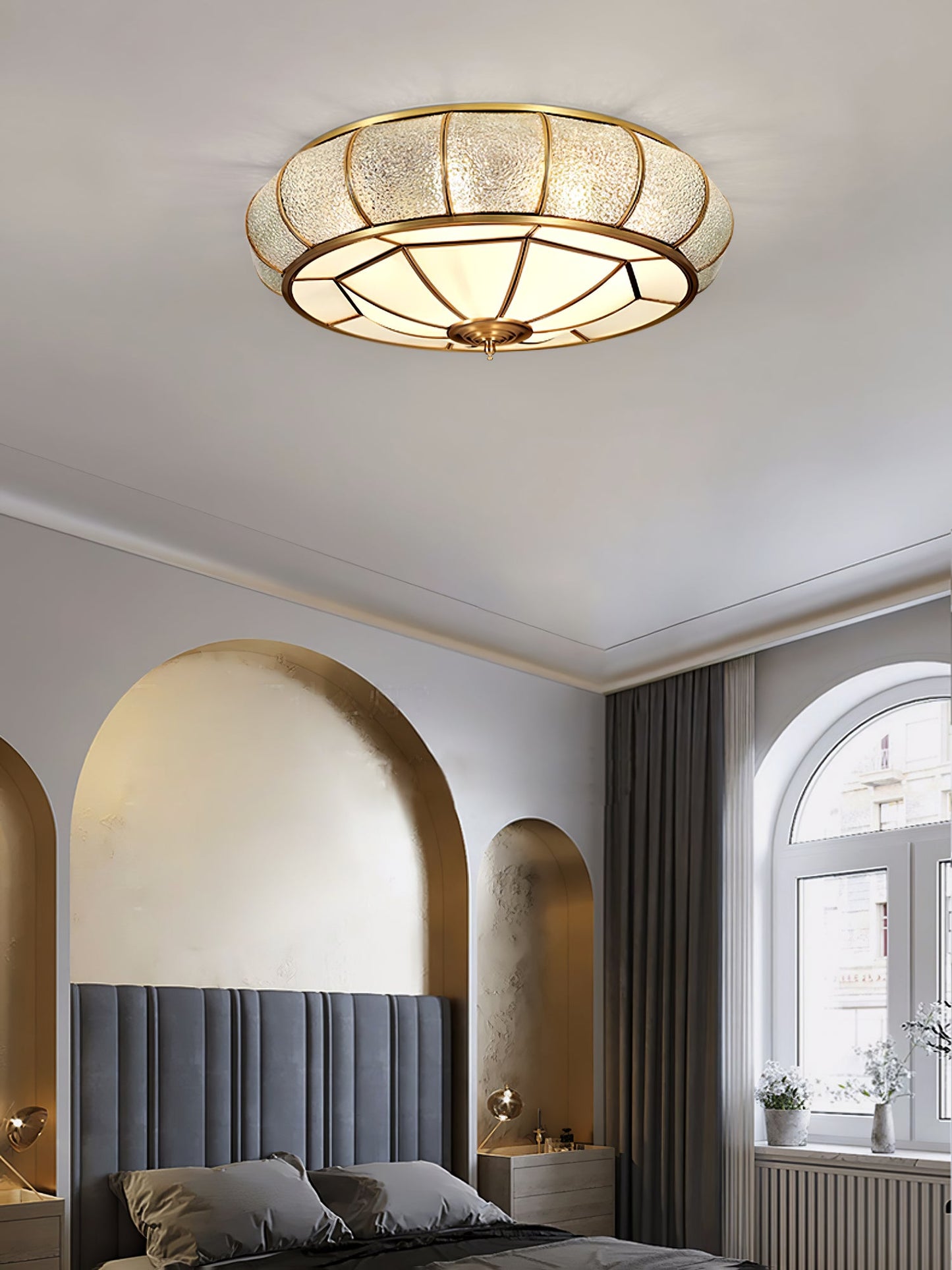 Round Textured Glass Ceiling Light | Brass & White Glass | Multiple Bulb Options
