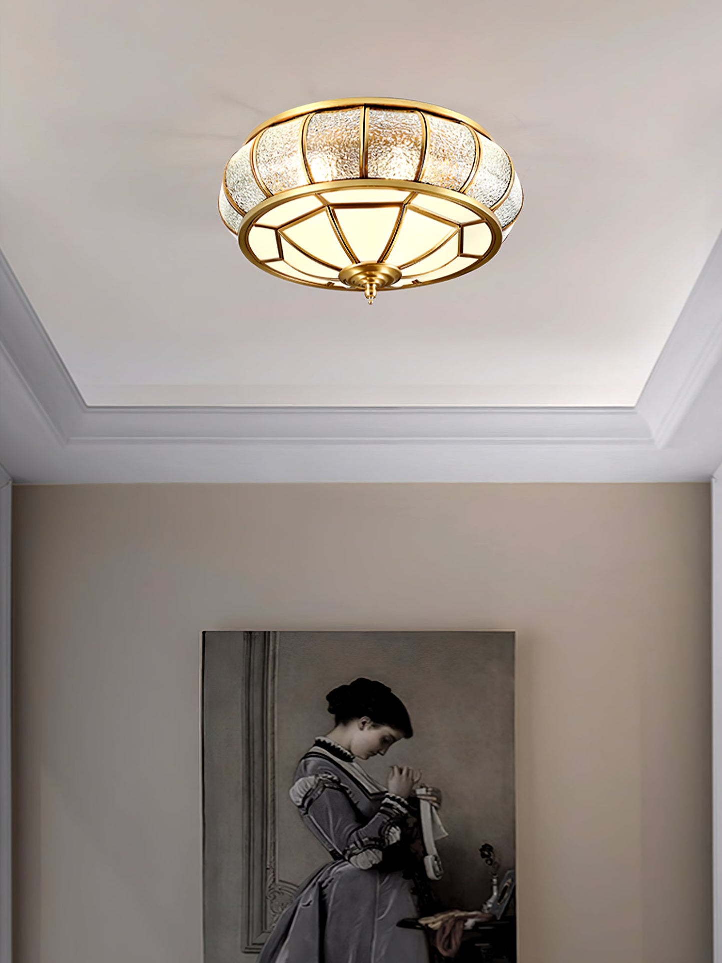 Round Textured Glass Ceiling Light | Brass & White Glass | Multiple Bulb Options