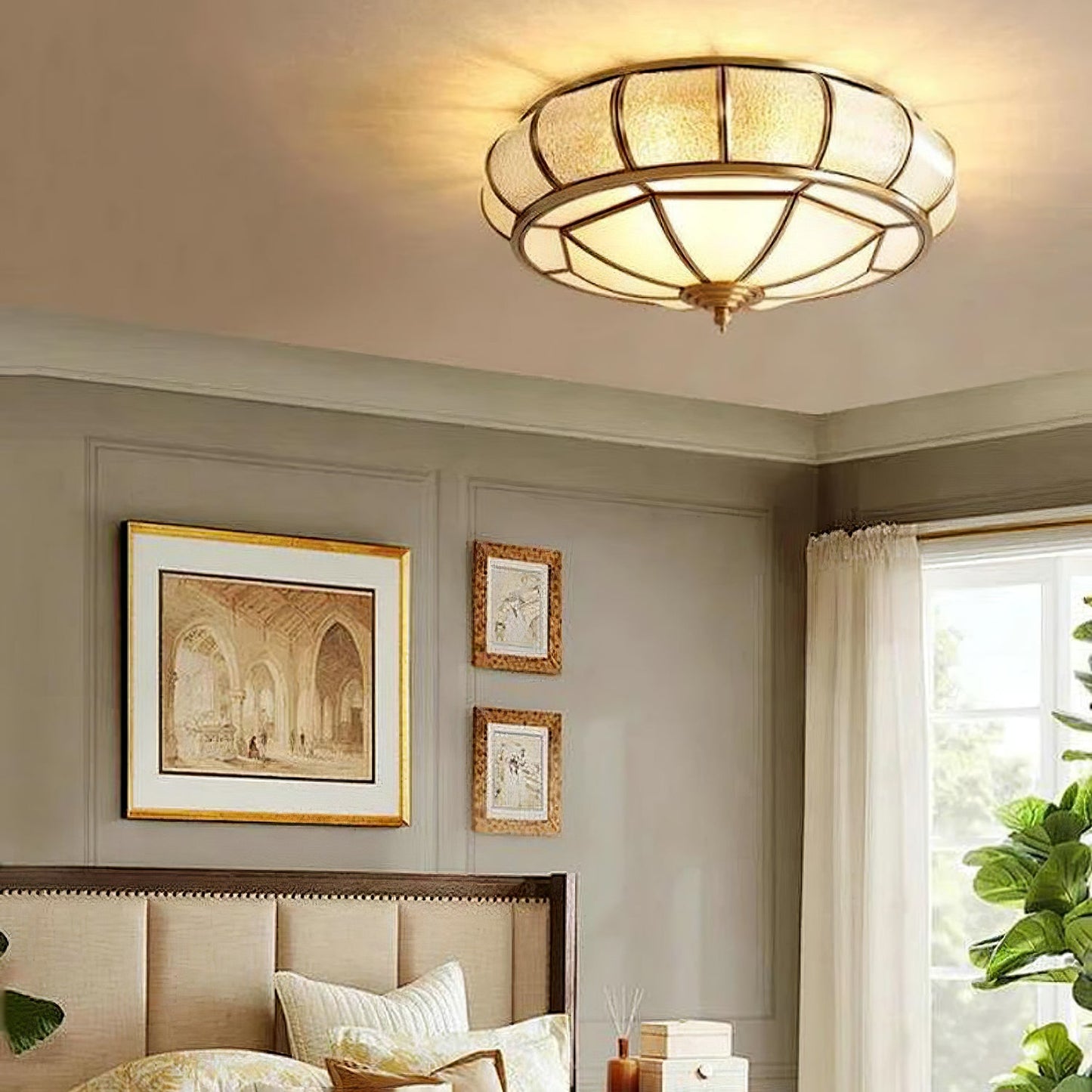 Round Textured Glass Ceiling Light | Brass & White Glass | Multiple Bulb Options