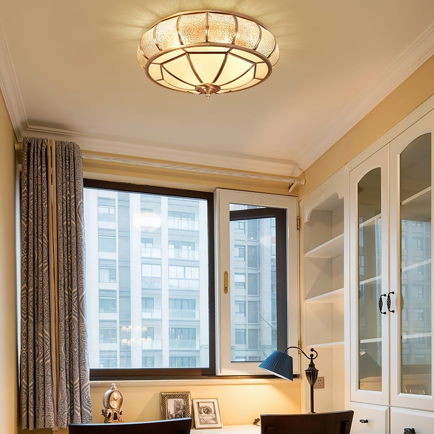 Round Textured Glass Ceiling Light | Brass & White Glass | Multiple Bulb Options