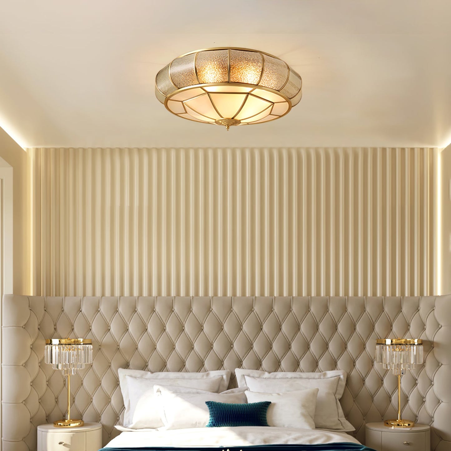 Round Textured Glass Ceiling Light | Brass & White Glass | Multiple Bulb Options