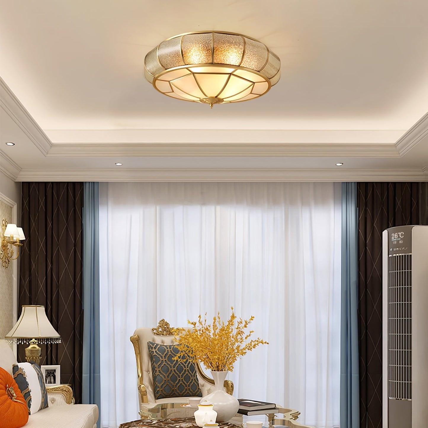 Round Textured Glass Ceiling Light | Brass & White Glass | Multiple Bulb Options