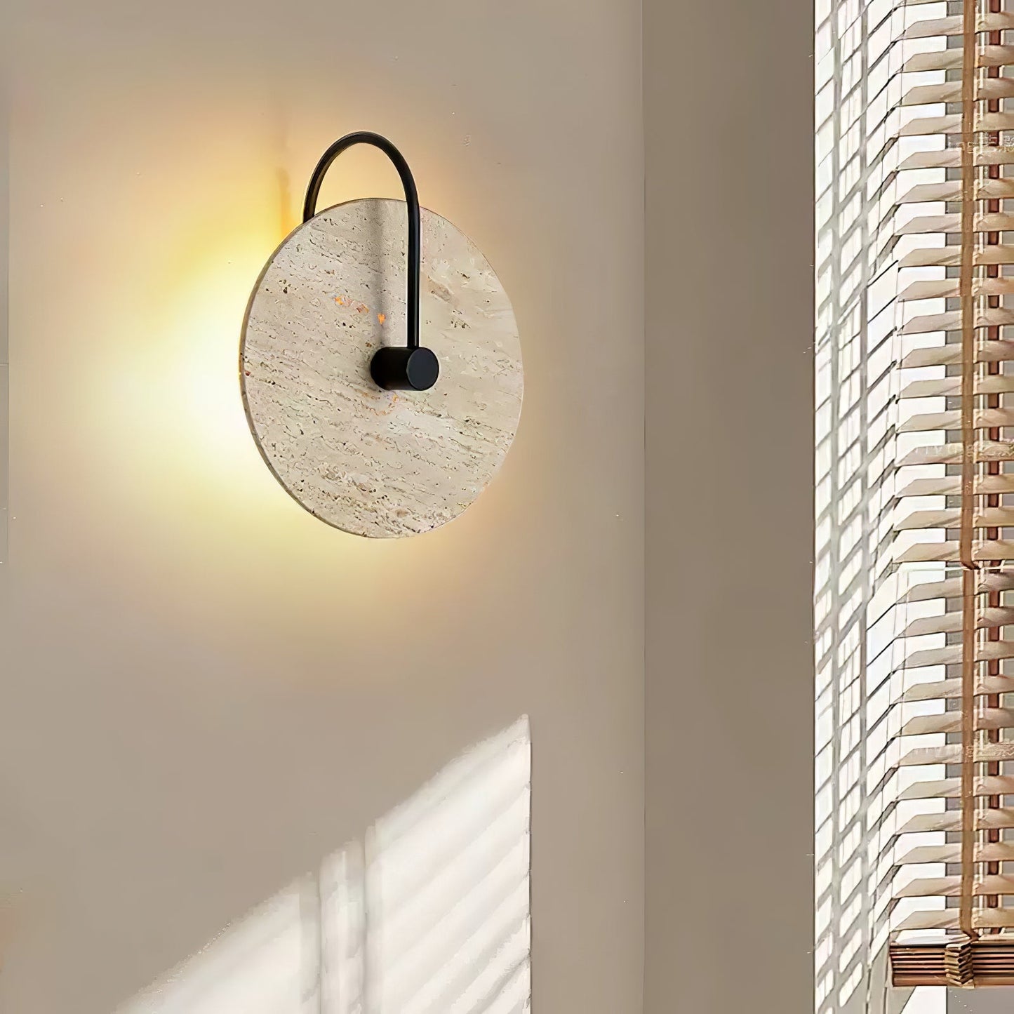 Round Wall Lamp | Travertine & Alabaster Stone | Yellow Finish