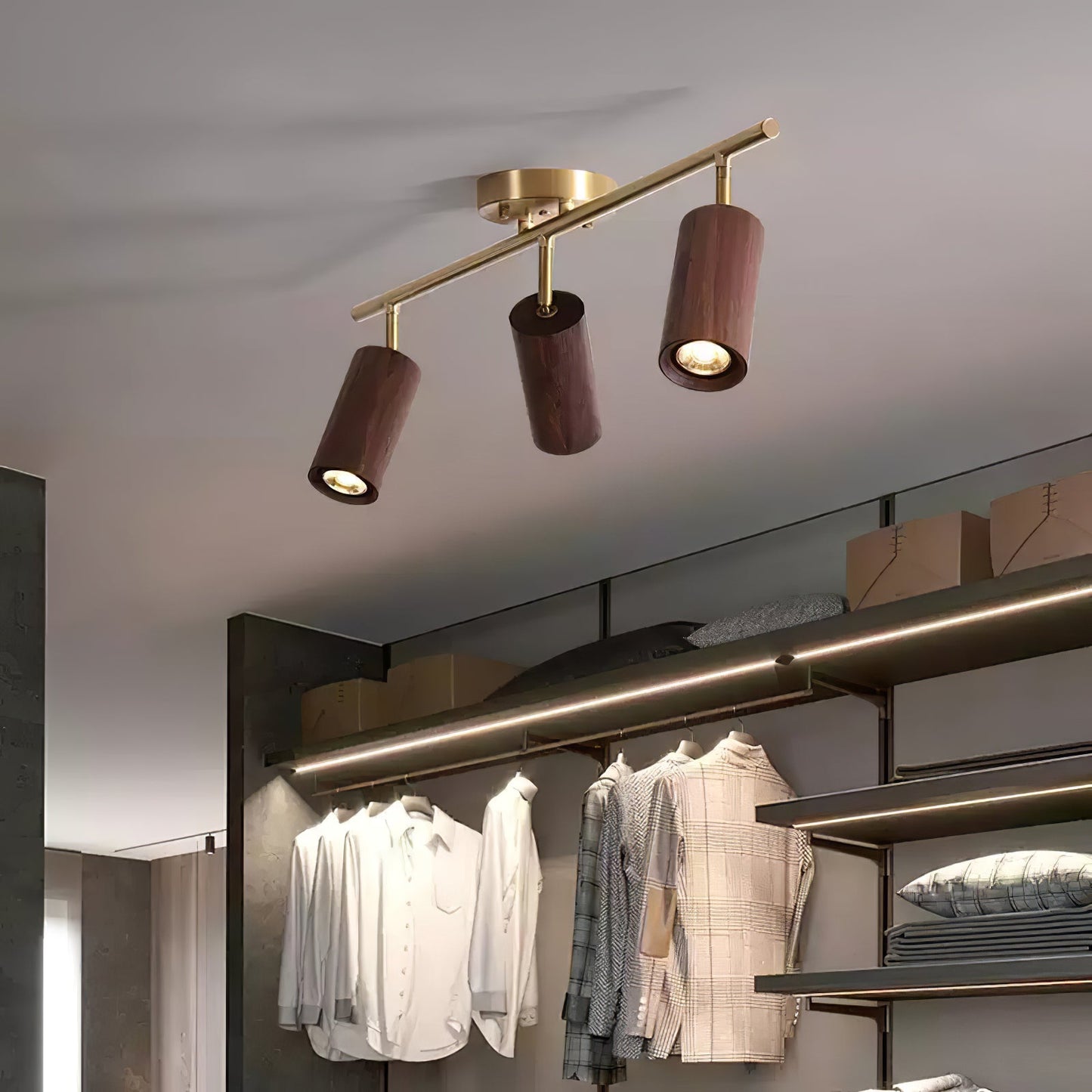 Rowan Ceiling Light | Wooden Finish & Gold Frame | Multiple Heads Available