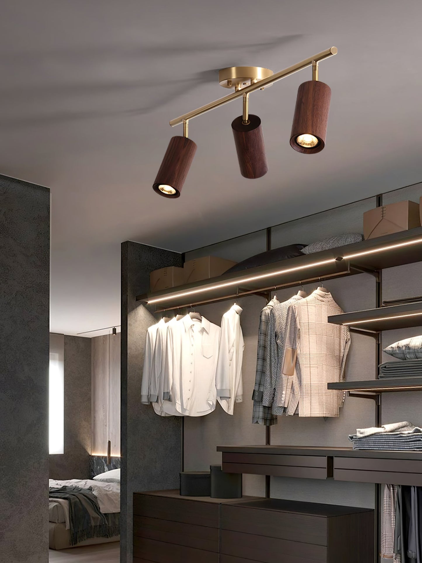 Rowan Ceiling Light | Wooden Finish & Gold Frame | Multiple Heads Available