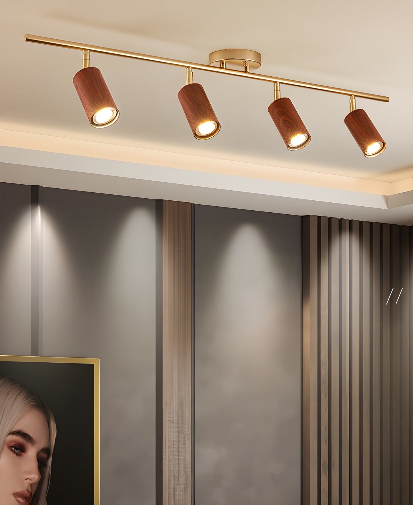 Rowan Ceiling Light | Wooden Finish & Gold Frame | Multiple Heads Available