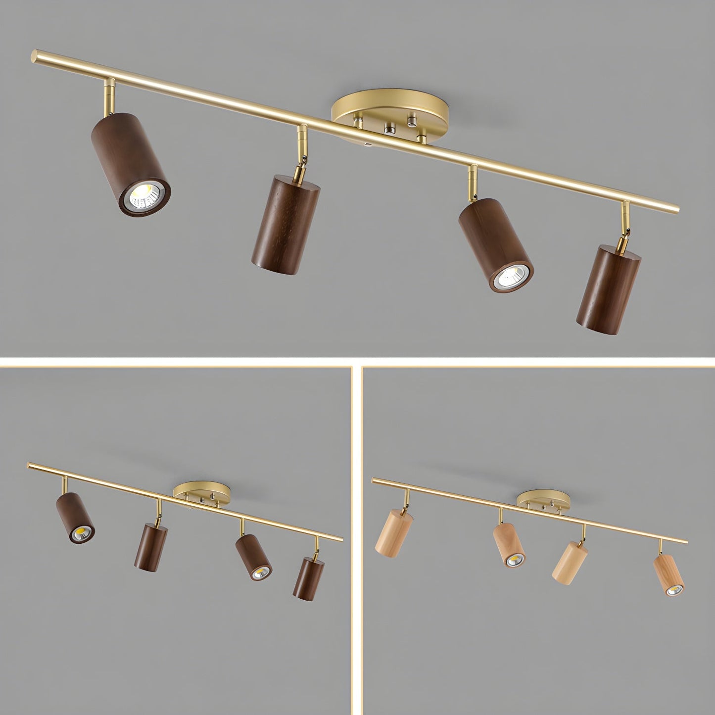 Rowan Ceiling Light | Wooden Finish & Gold Frame | Multiple Heads Available
