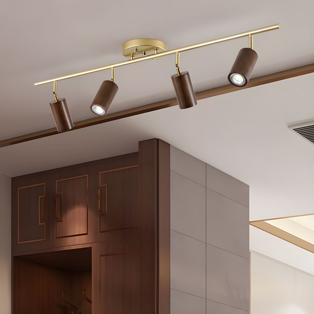 Rowan Ceiling Light | Wooden Finish & Gold Frame | Multiple Heads Available