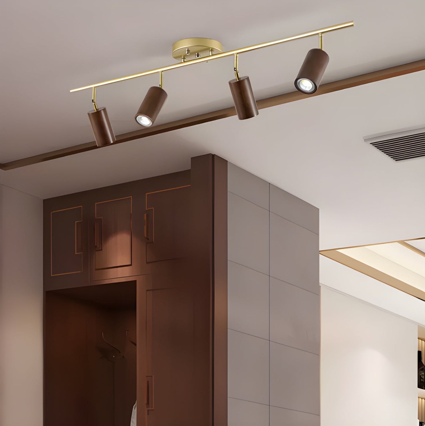 Rowan Ceiling Light | Wooden Finish & Gold Frame | Multiple Heads Available