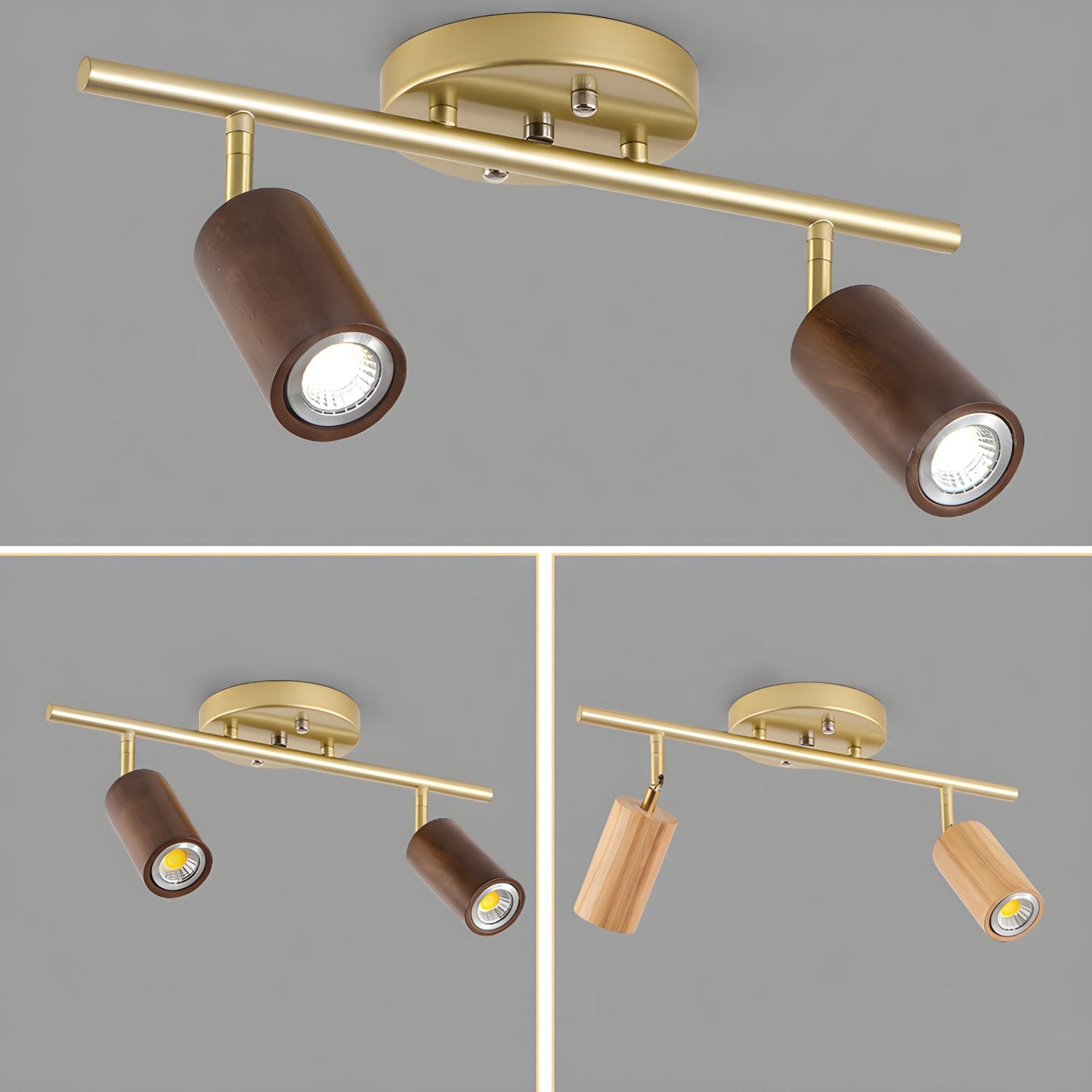 Rowan Ceiling Light | Wooden Finish & Gold Frame | Multiple Heads Available