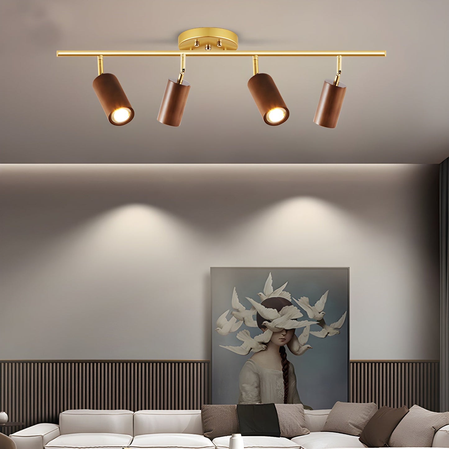 Rowan Ceiling Light | Wooden Finish & Gold Frame | Multiple Heads Available
