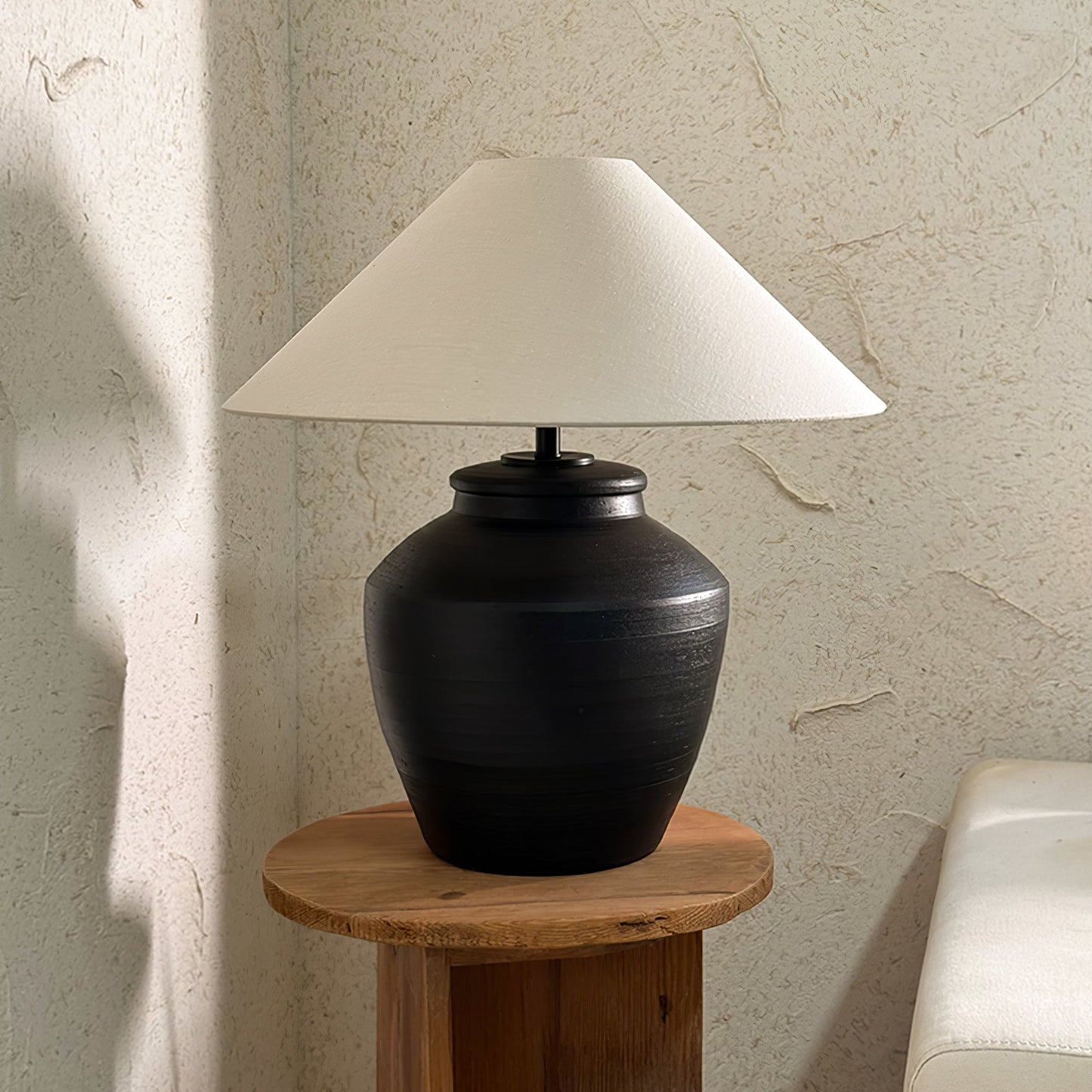 Ceramic Table Lamp | Matte Black with Beige Shade | 50cm Diameter