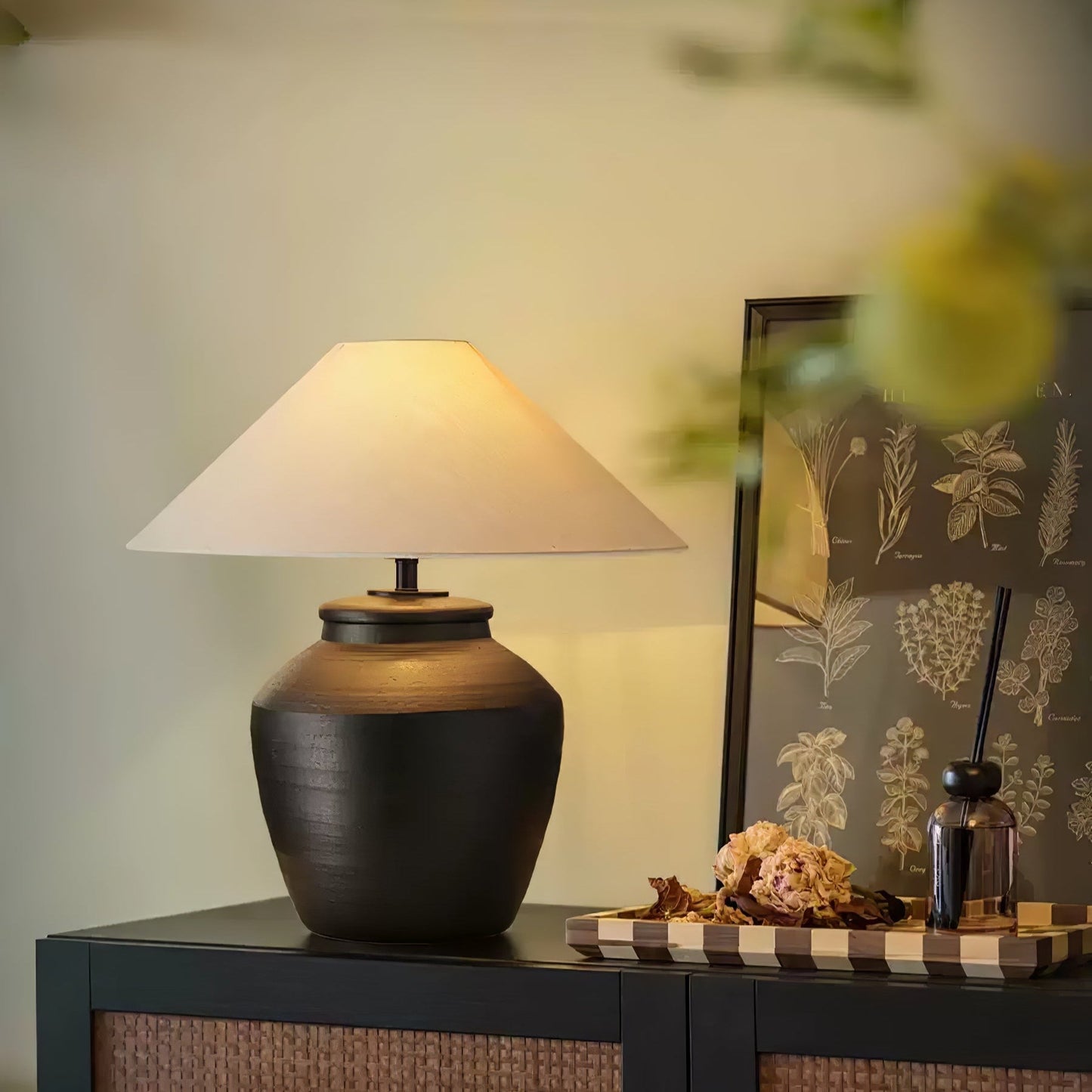 Ceramic Table Lamp | Matte Black with Beige Shade | 50cm Diameter