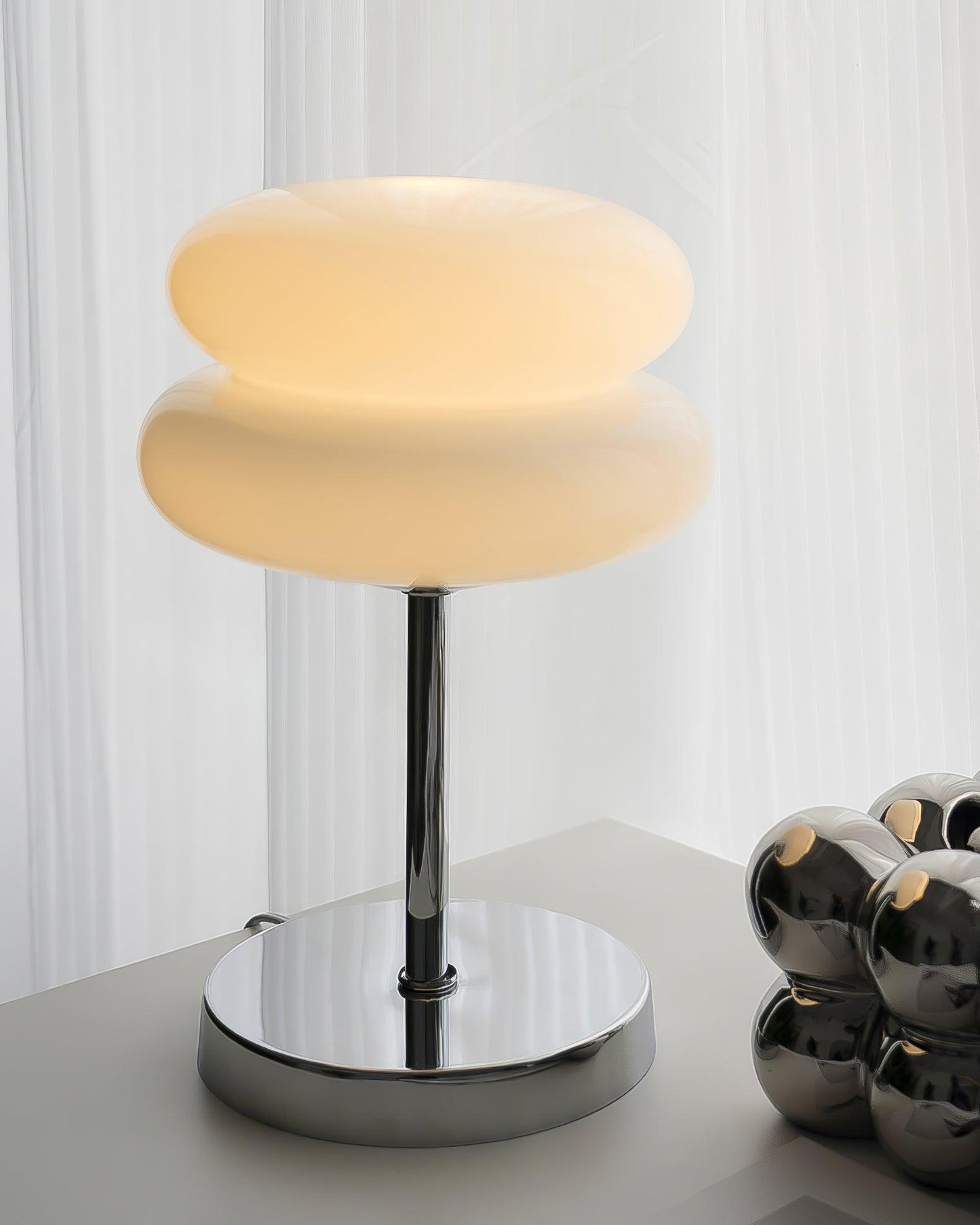 Saturn Glide Table Lamp | Metal & Glass | Chrome Base, White Shade