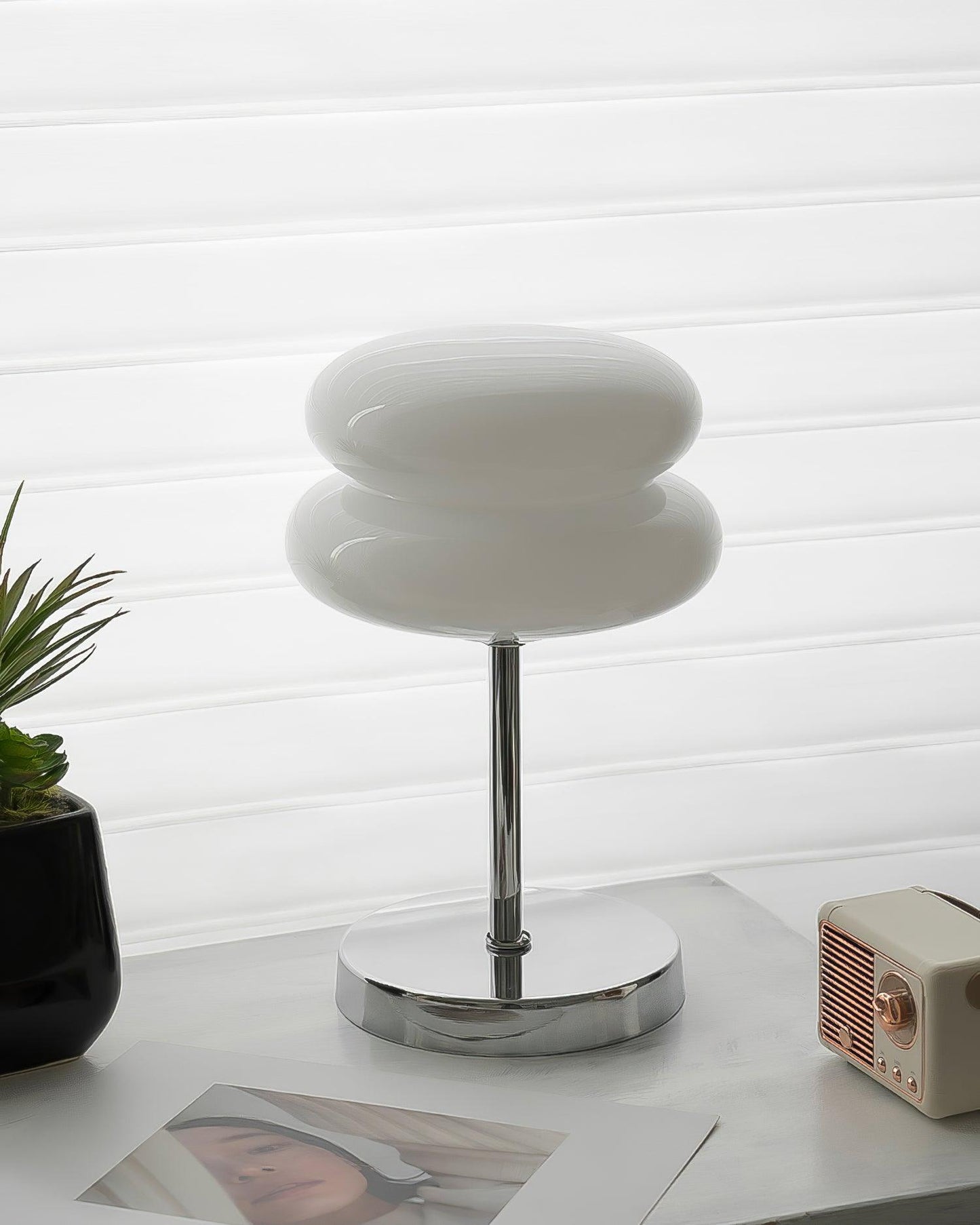 Saturn Glide Table Lamp | Metal & Glass | Chrome Base, White Shade