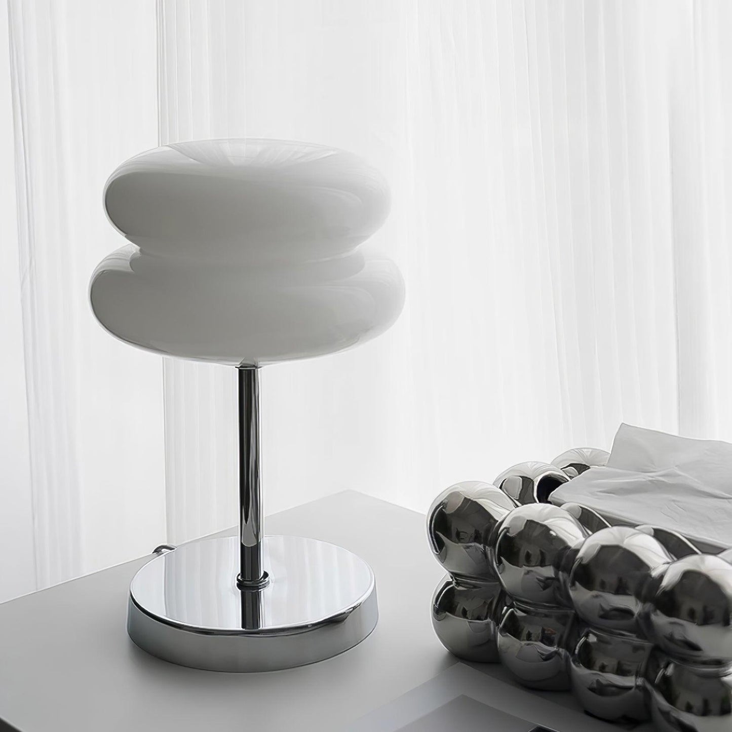 Saturn Glide Table Lamp | Metal & Glass | Chrome Base, White Shade