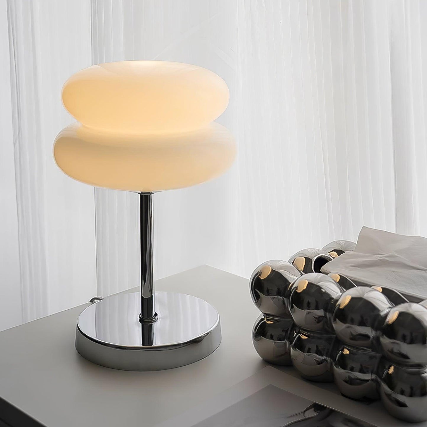 Saturn Glide Table Lamp | Metal & Glass | Chrome Base, White Shade