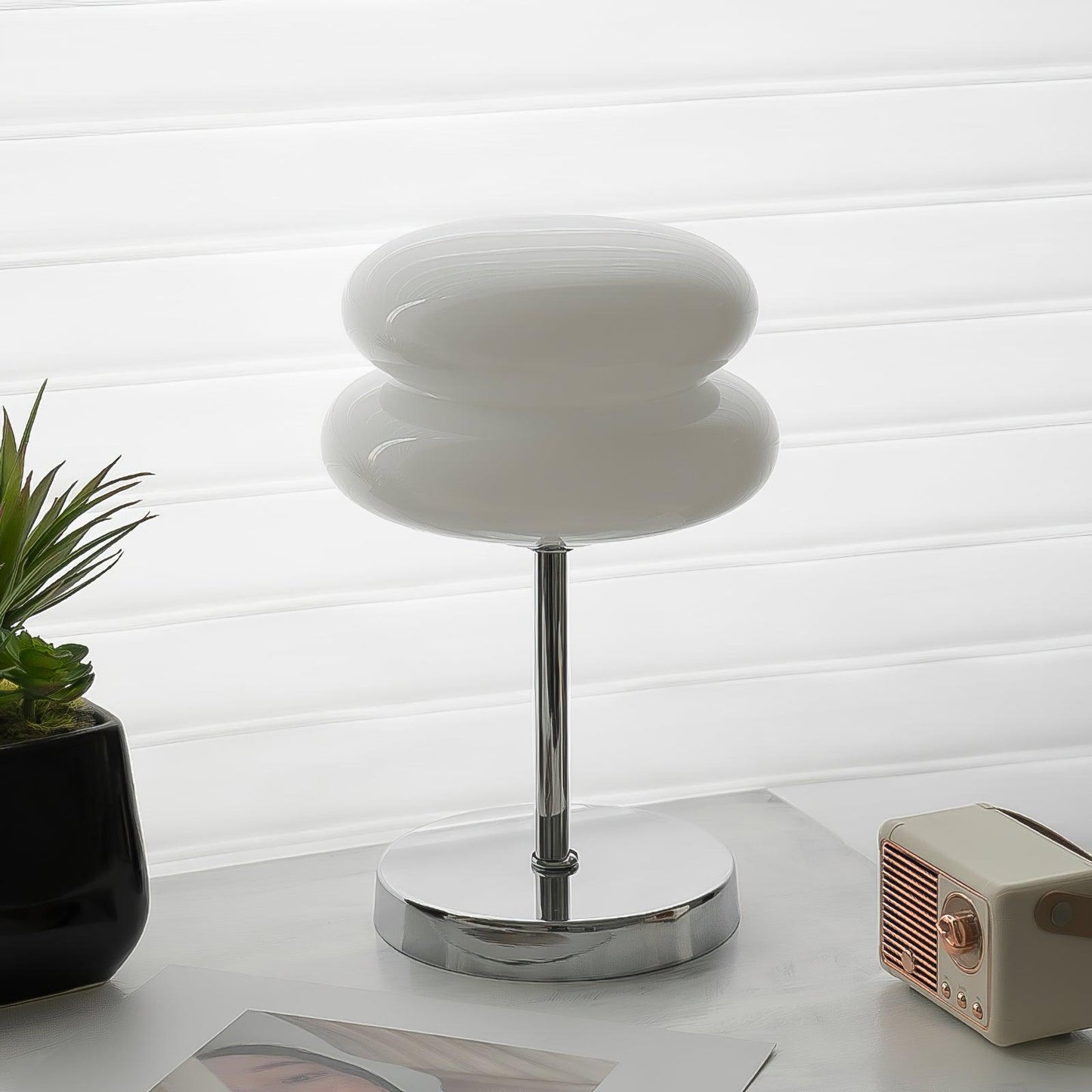 Saturn Glide Table Lamp | Metal & Glass | Chrome Base, White Shade