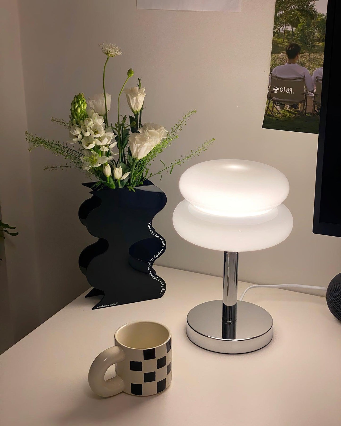 Saturn Glide Table Lamp | Metal & Glass | Chrome Base, White Shade