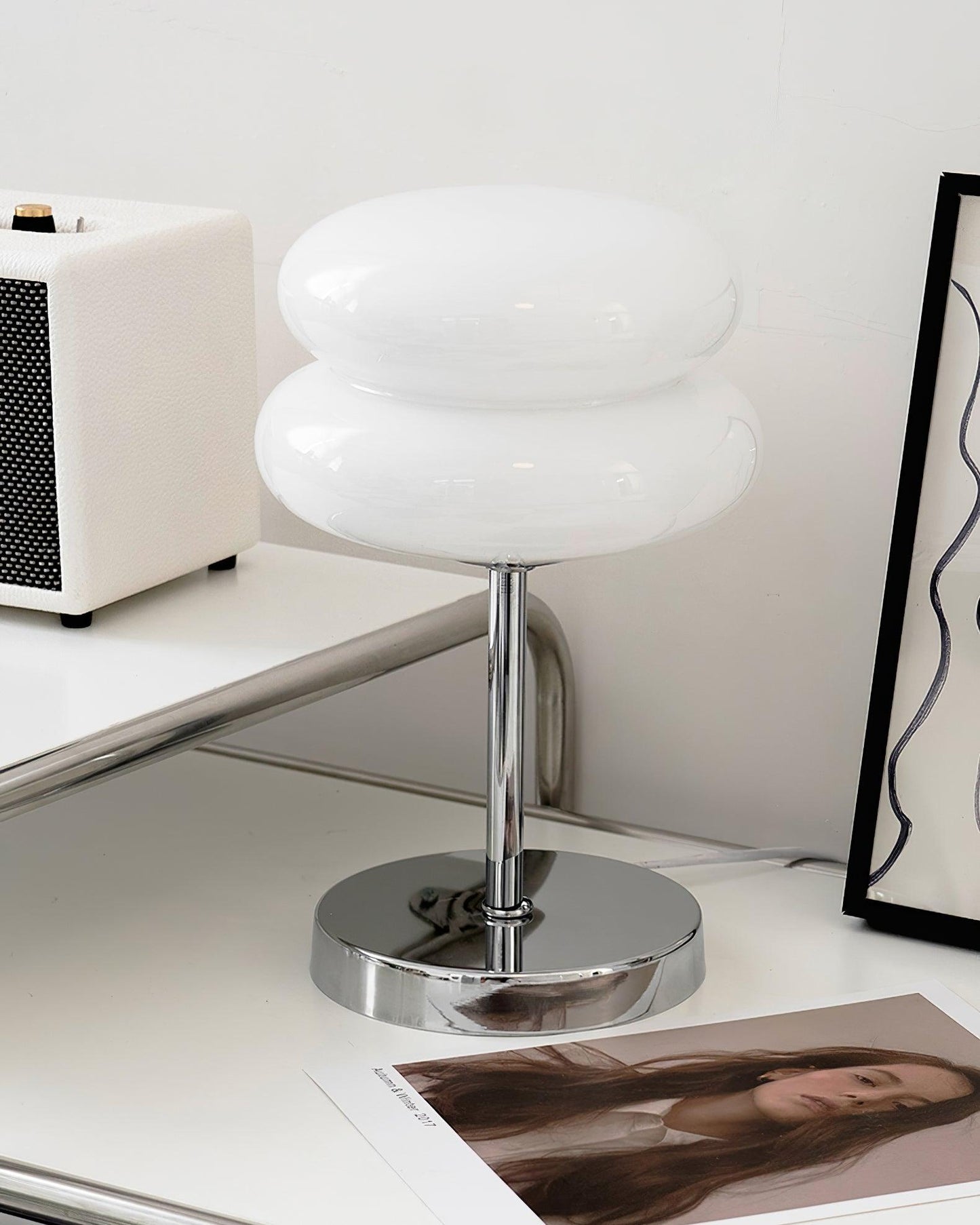 Saturn Glide Table Lamp | Metal & Glass | Chrome Base, White Shade