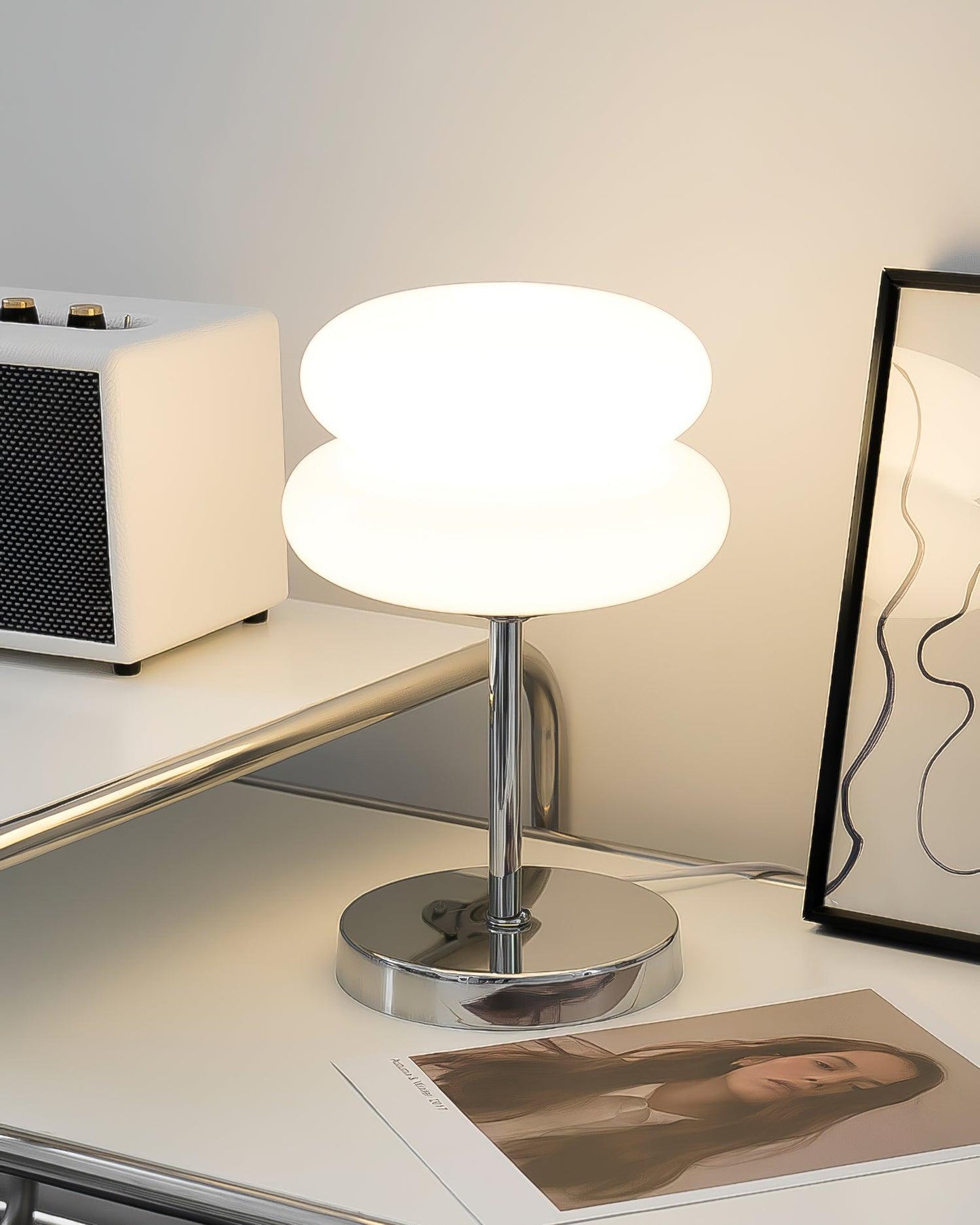 Saturn Glide Table Lamp | Metal & Glass | Chrome Base, White Shade