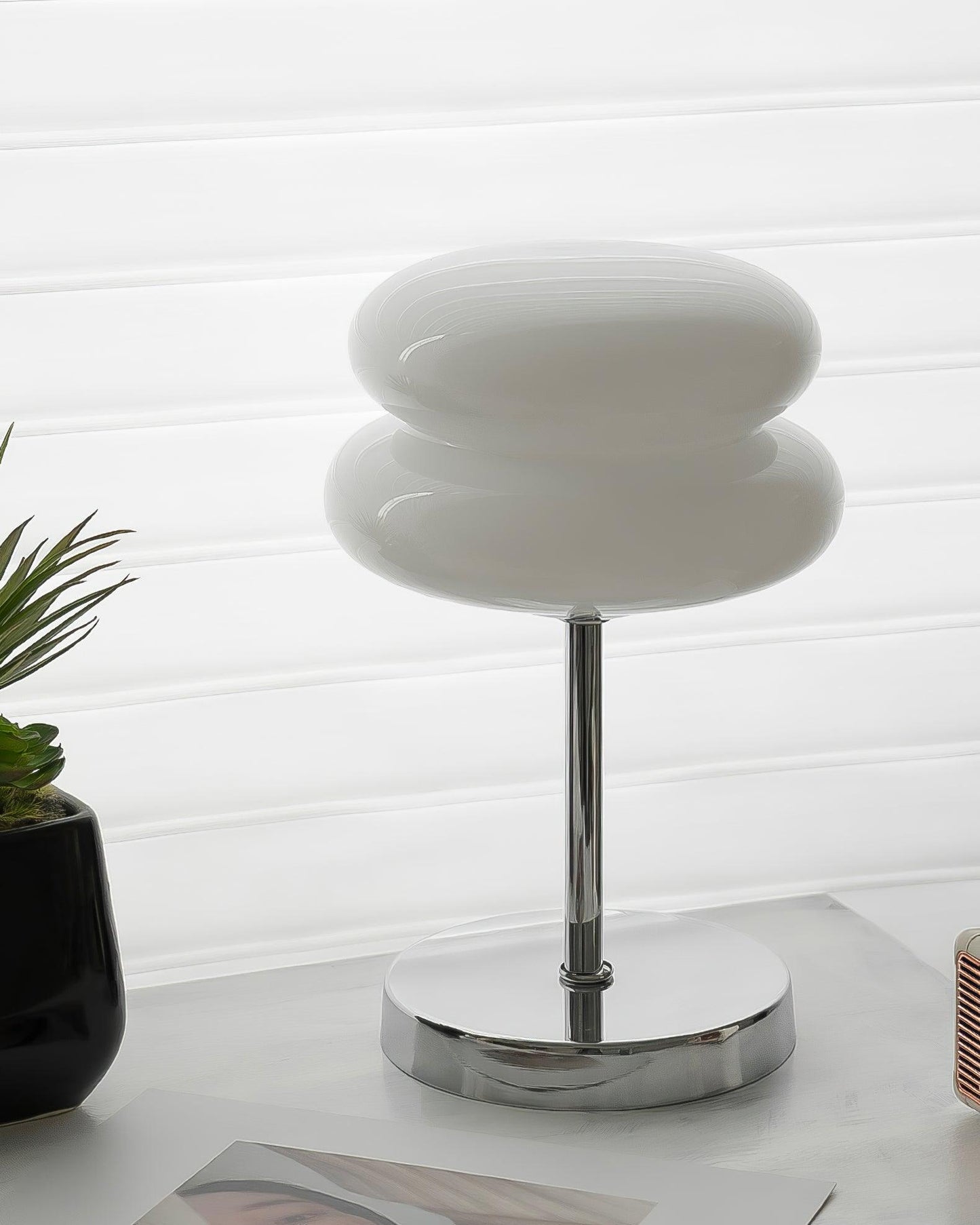 Saturn Glide Table Lamp | Metal & Glass | Chrome Base, White Shade