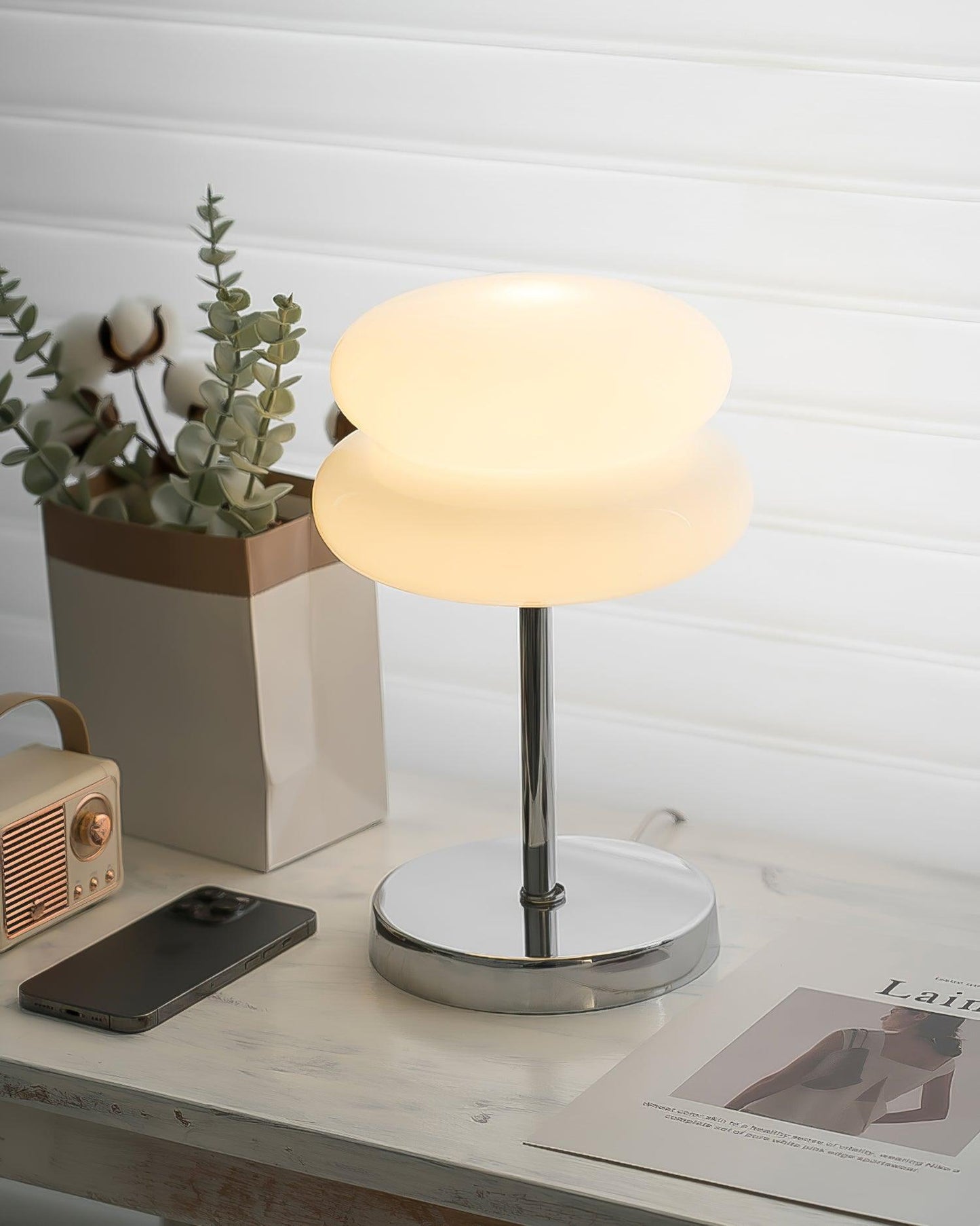 Saturn Glide Table Lamp | Metal & Glass | Chrome Base, White Shade