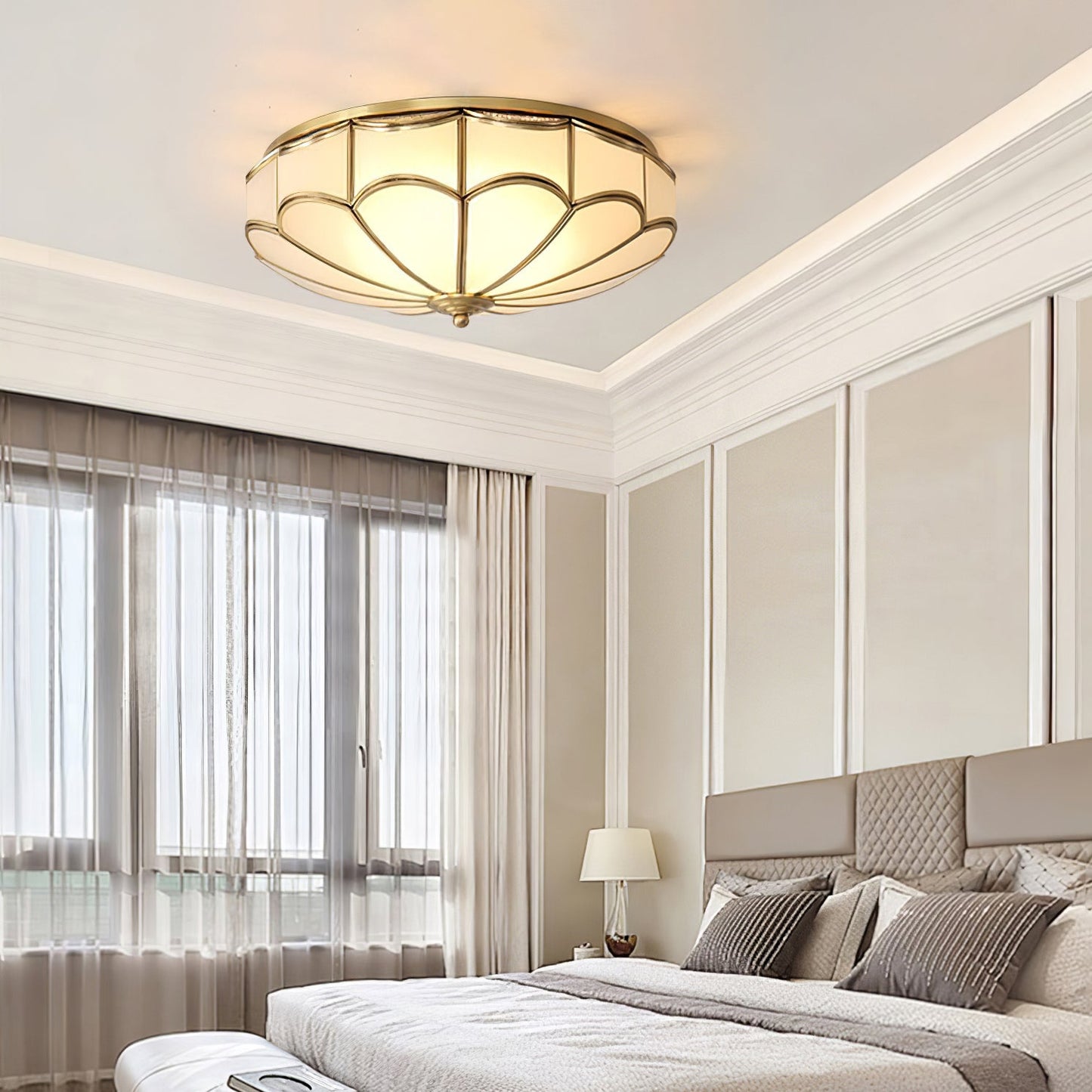 Flush Ceiling Light | Brass & White Glass | 3-8 Bulbs