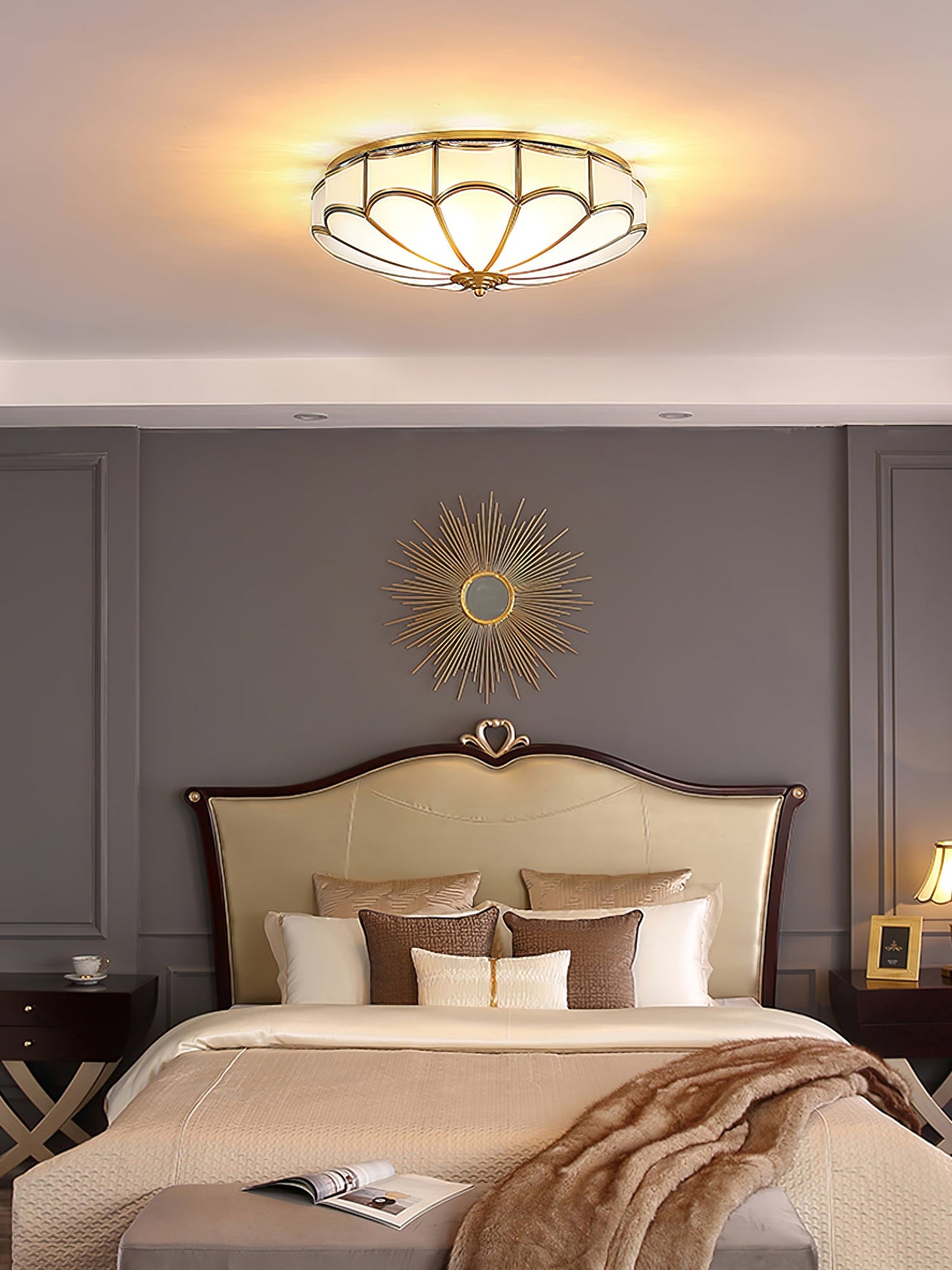Flush Ceiling Light | Brass & White Glass | 3-8 Bulbs