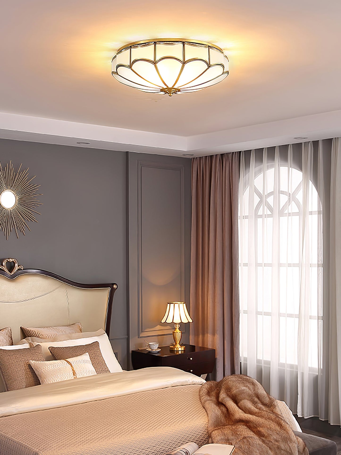 Flush Ceiling Light | Brass & White Glass | 3-8 Bulbs