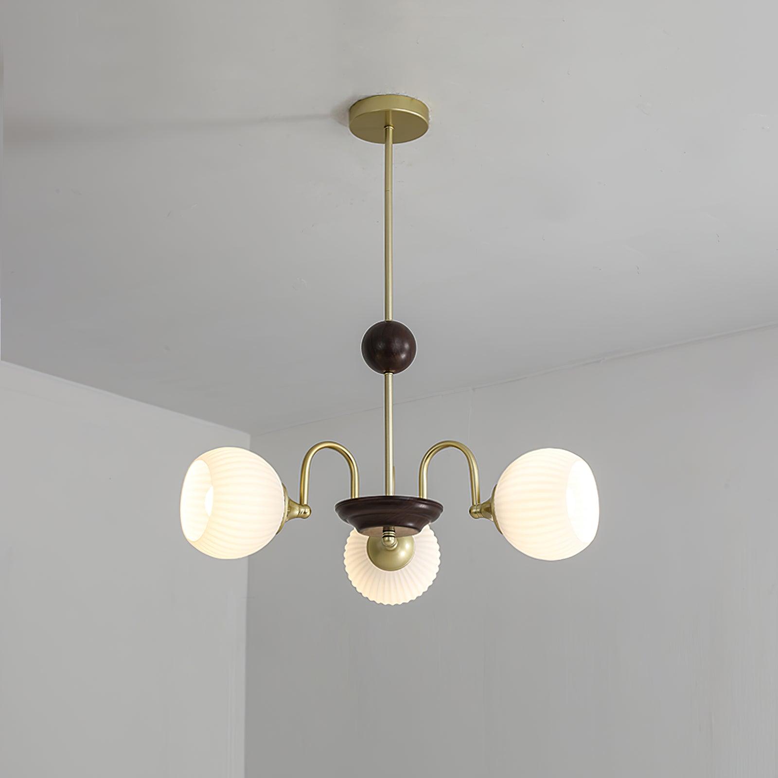 Glass Ribbed Chandelier | Metal & Glass | Gold & Walnut Finish