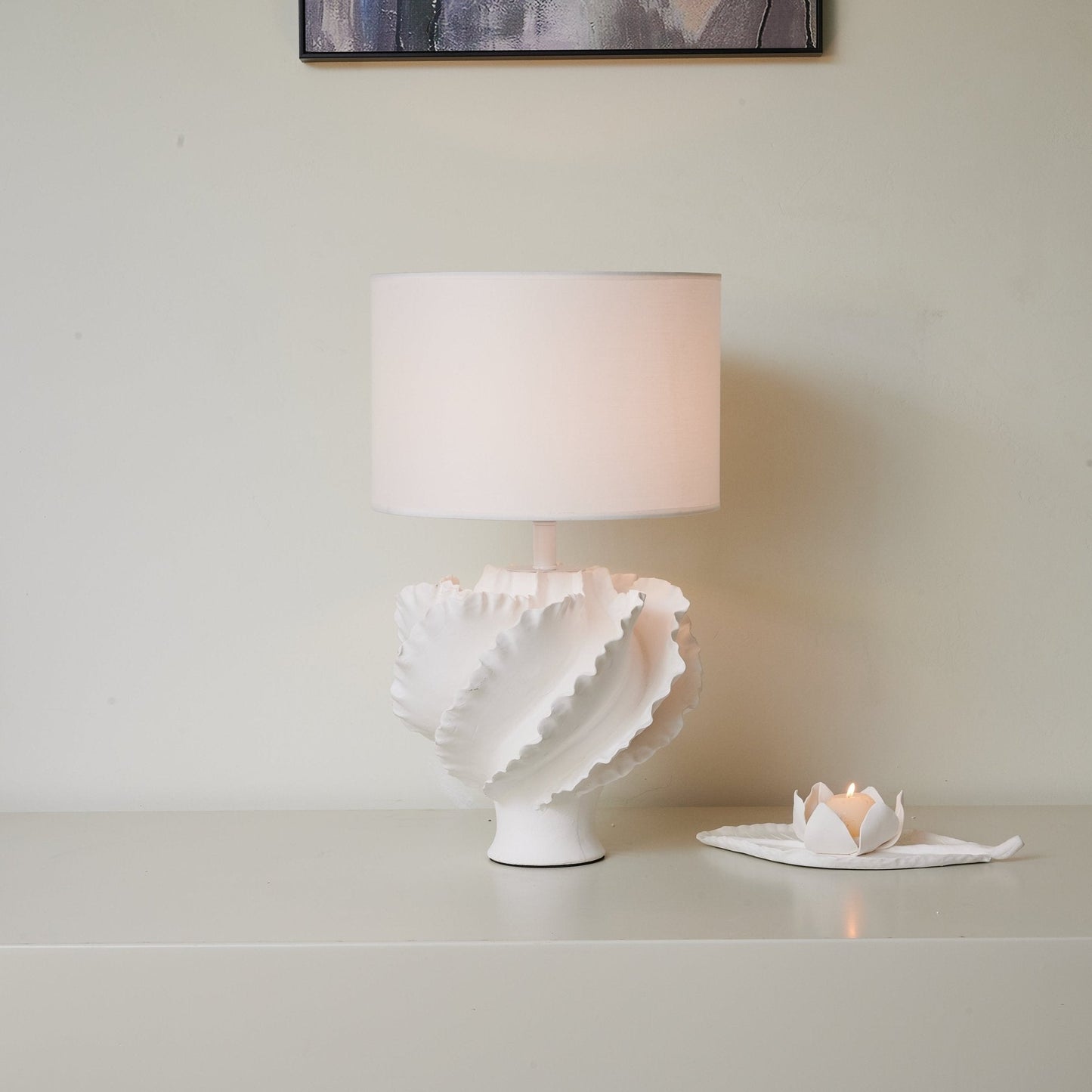 Table Lamp | Matte White Metal & Fabric | 30cm Diameter