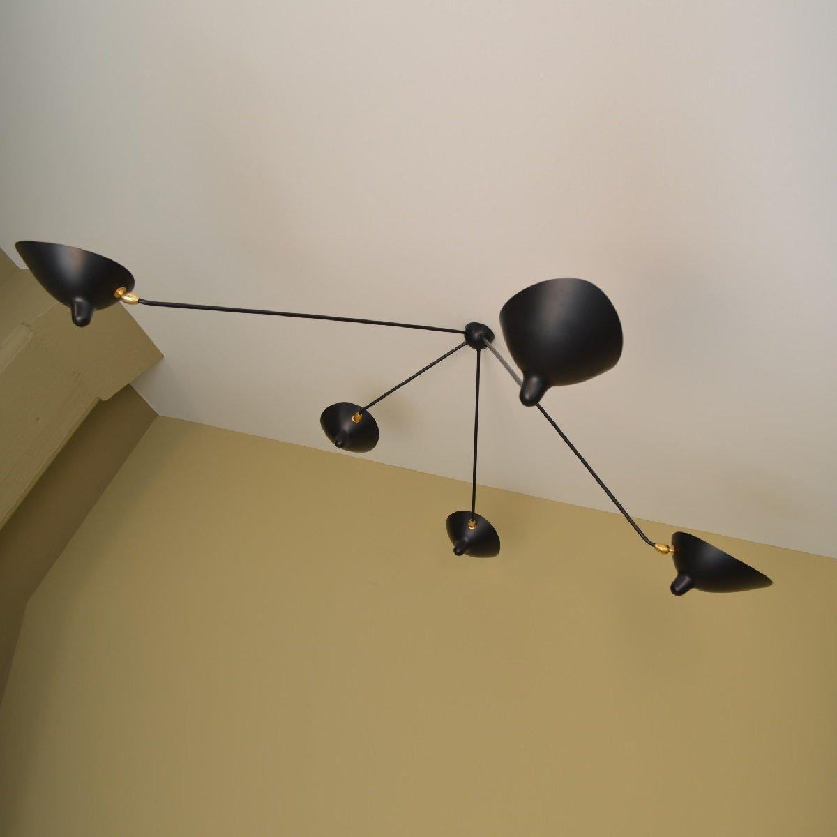 Serge Mouille Three-Arm Ceiling Lamp | Lacquered Aluminum & Steel | White or Black
