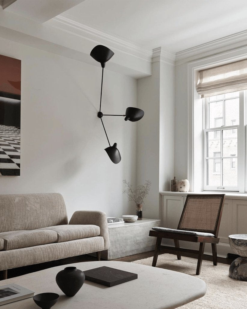 Serge Mouille Three-Arm Ceiling Lamp | Lacquered Aluminum & Steel | White or Black