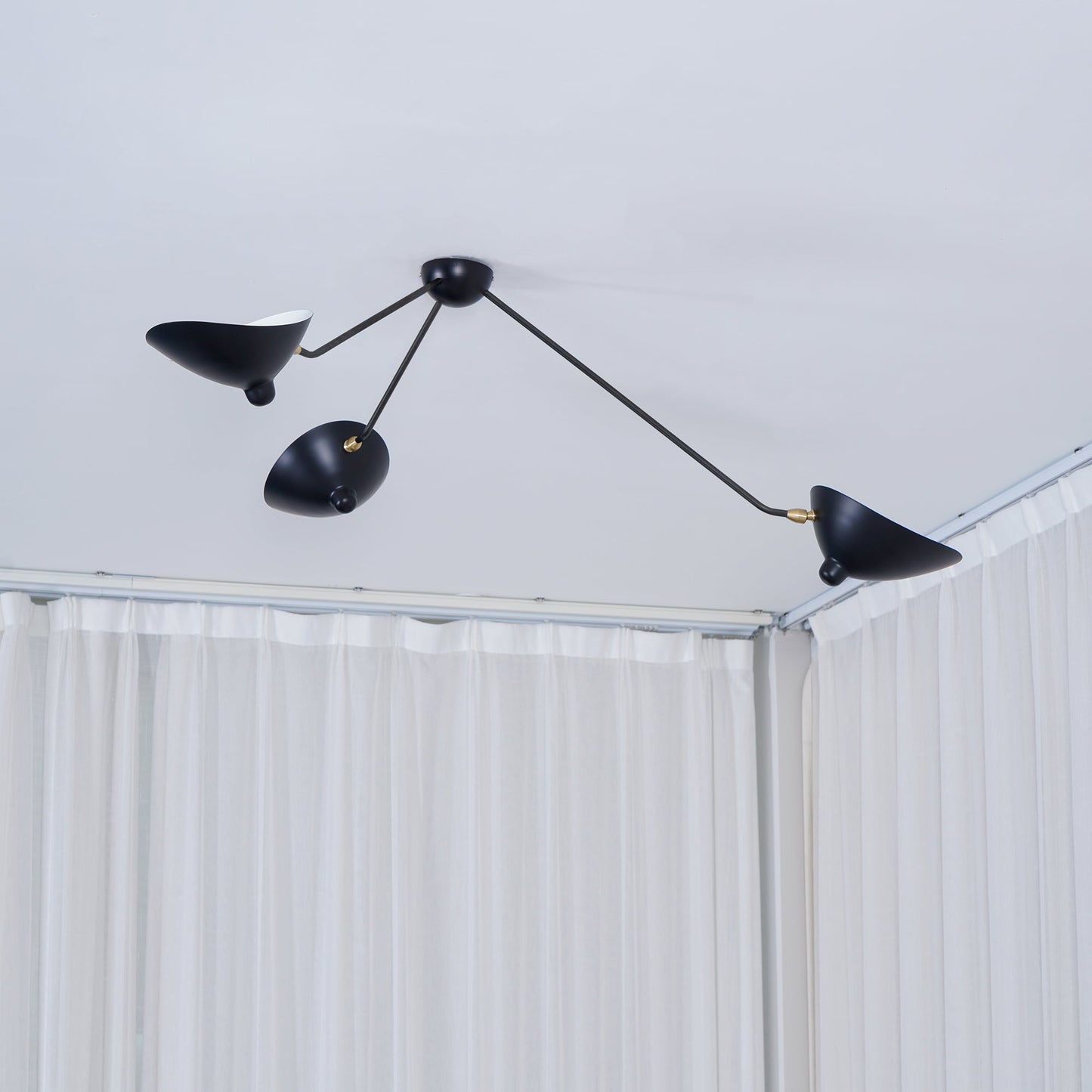 Serge Mouille Three-Arm Ceiling Lamp | Lacquered Aluminum & Steel | White or Black
