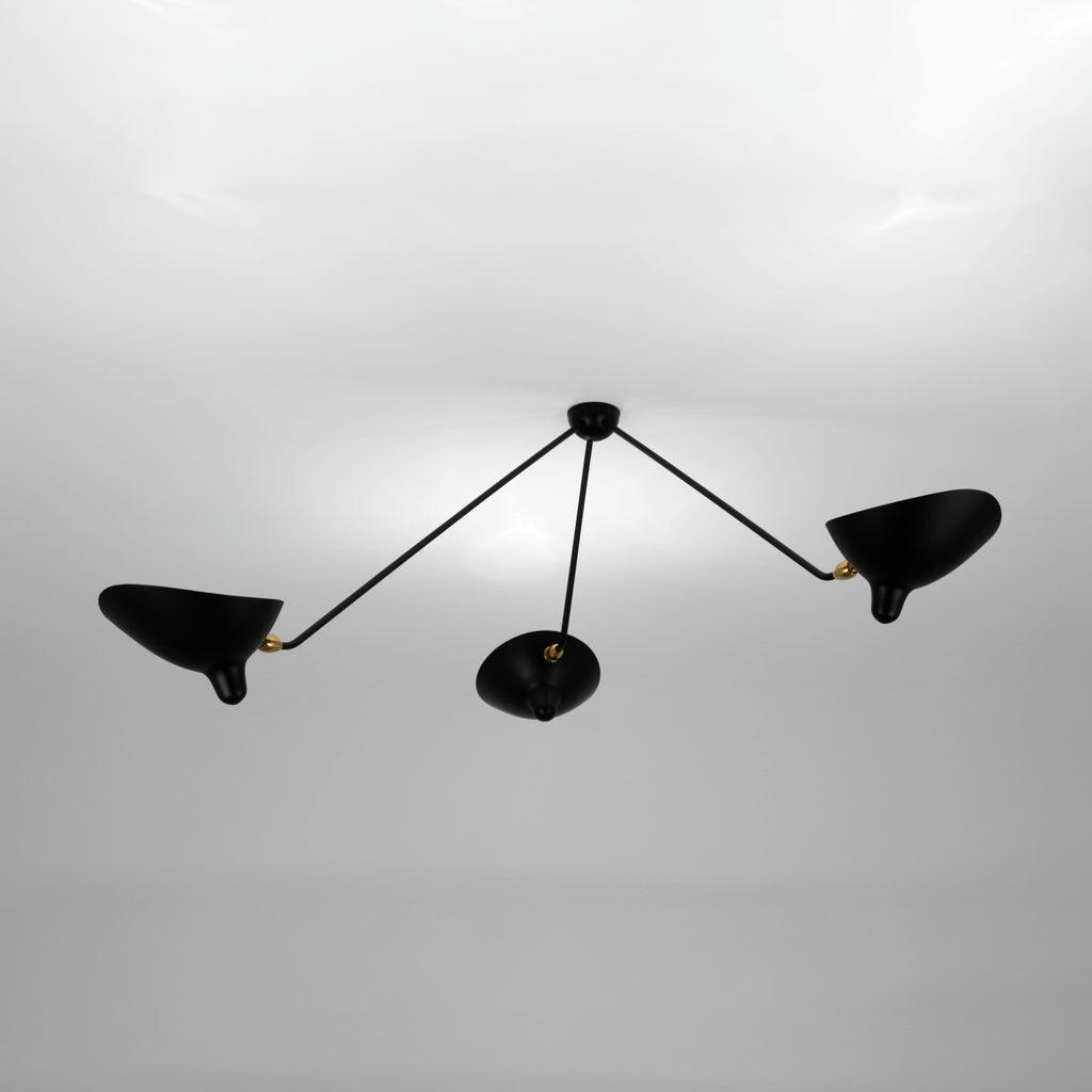 Serge Mouille Three-Arm Ceiling Lamp | Lacquered Aluminum & Steel | White or Black