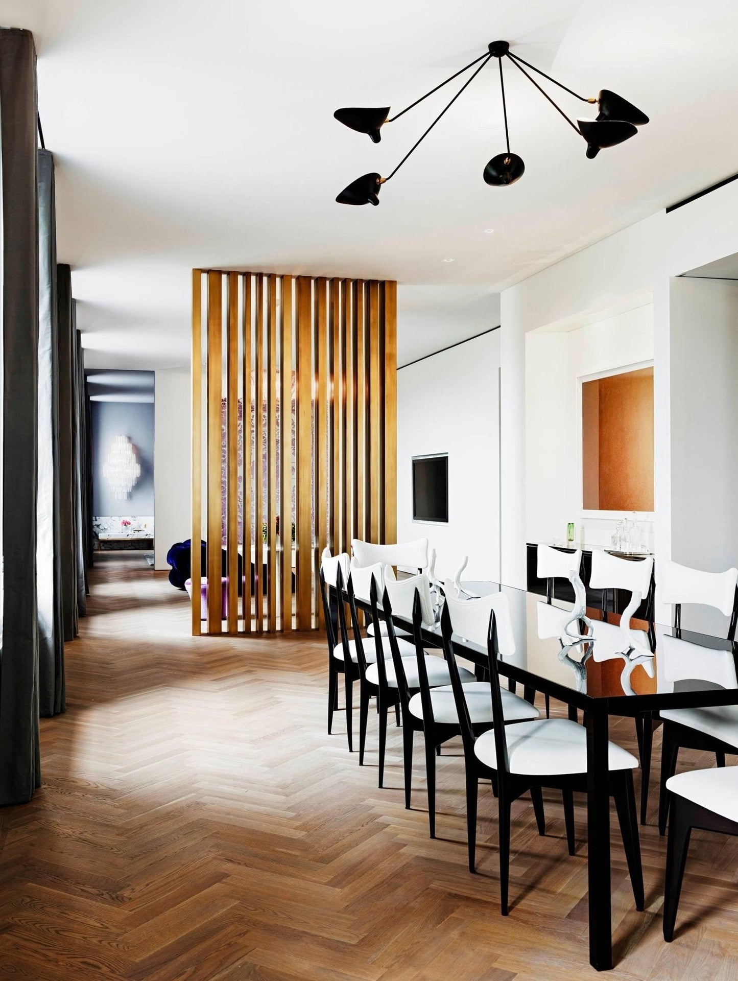 Serge Mouille Three-Arm Ceiling Lamp | Lacquered Aluminum & Steel | White or Black