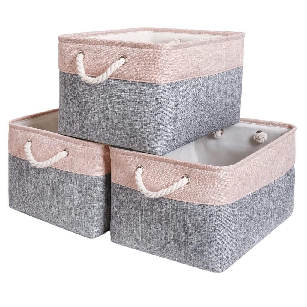 Storage Baskets Set | Durable Linen & EVA | Grey/Pink, 42x32x25cm