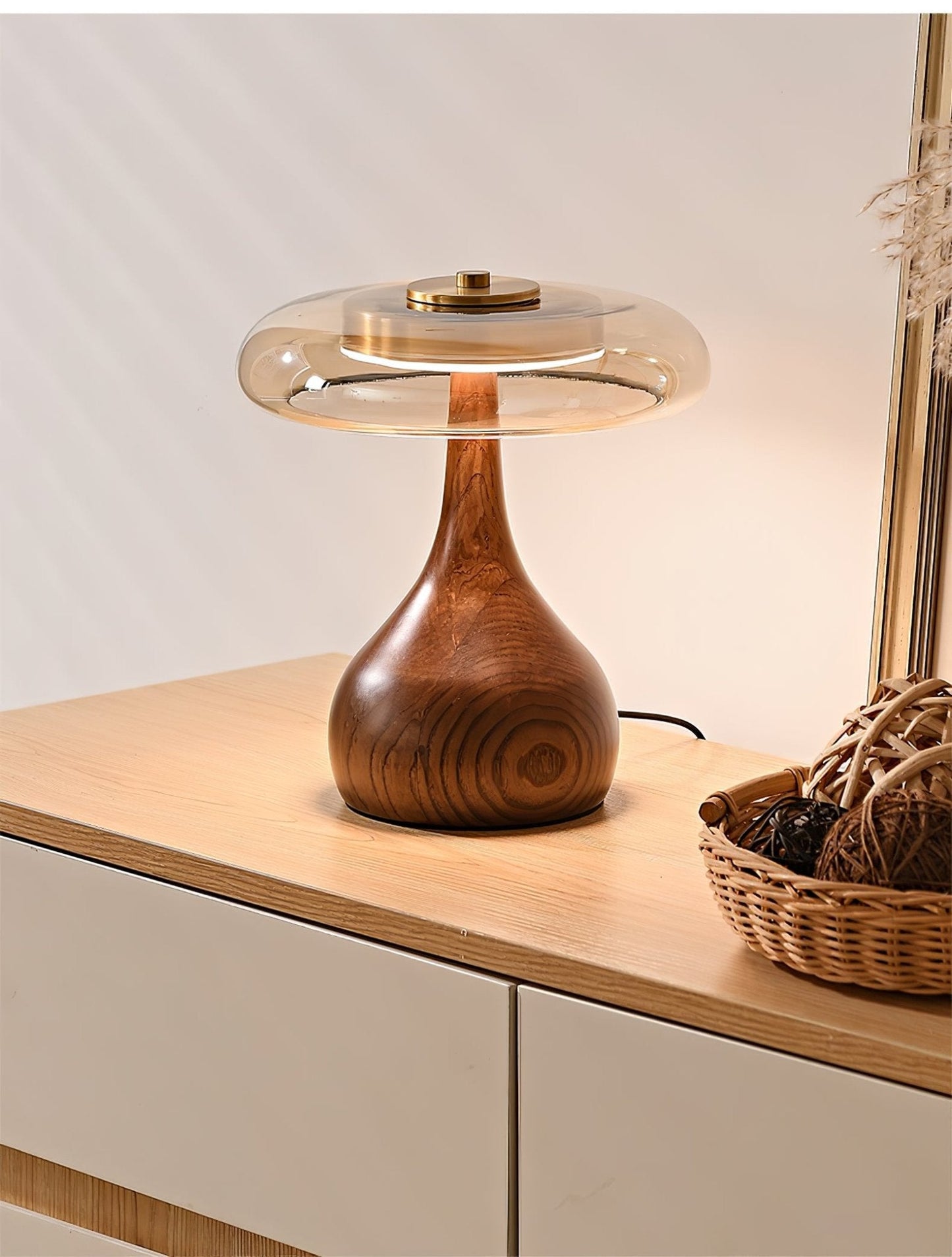 Sienna Table Lamp | Wooden Base & Amber Glass Shade | Three-Color LED