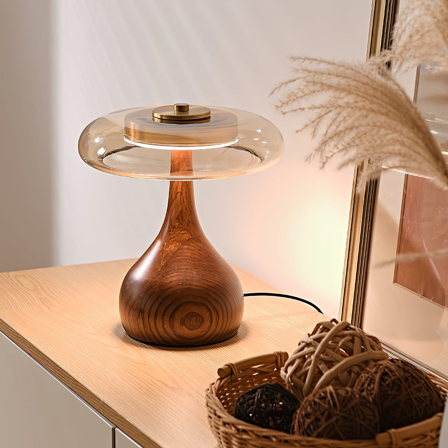 Sienna Table Lamp | Wooden Base & Amber Glass Shade | Three-Color LED